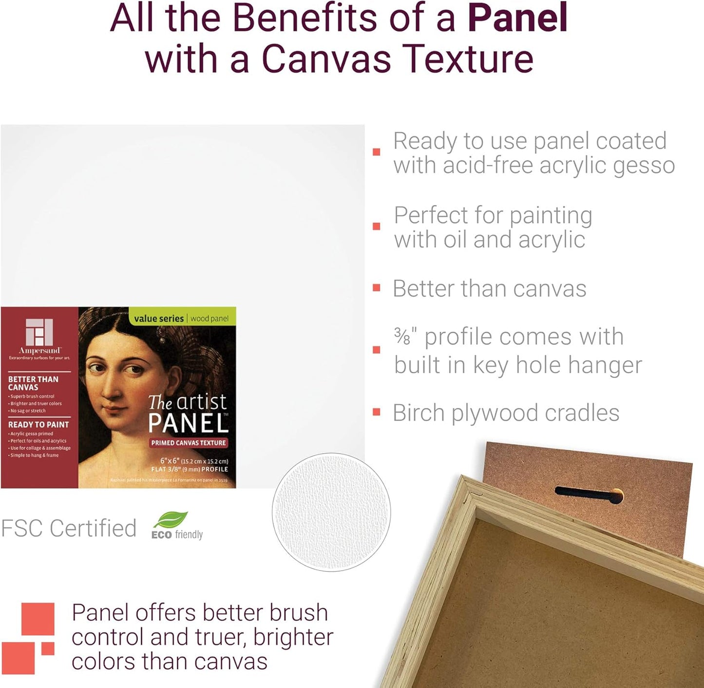 Ampersand Art Supply Wood Gesso Art Painting Panel: Canvas Texture, 3/8 Inch Depth, 8" x 8"