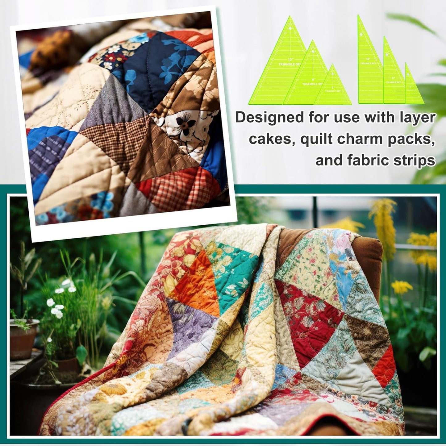 Kigley 3 Set Tall Triangle Rulers for Quilting 6 8 10 Inch Wedge Triangle & Wing Quilting Rulers and Templates Acrylic Quilt Templates for Sewing Layer Cake Patchwork Cutting Pattern DIY Craft (Green)