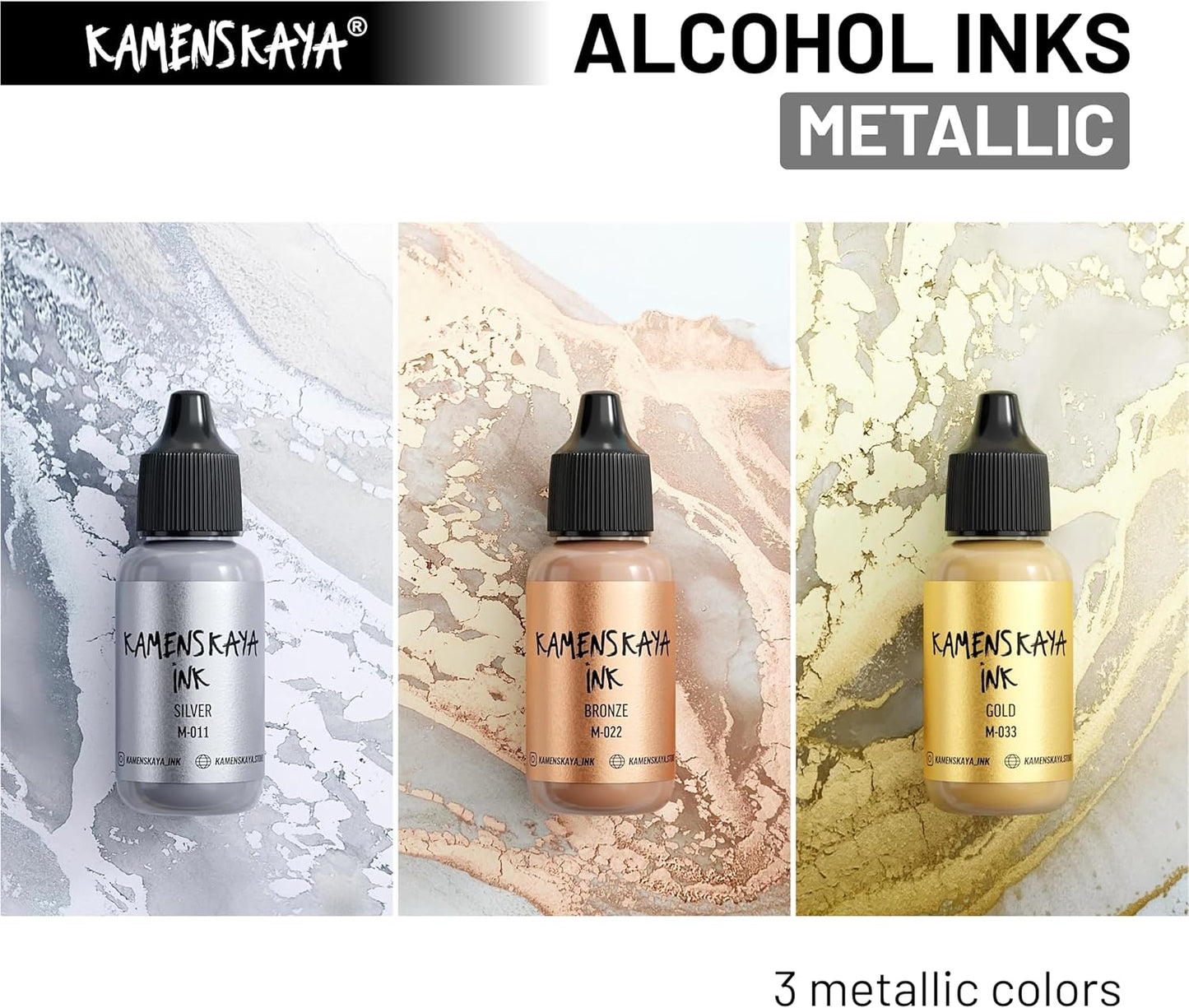 Metallic Alcohol Ink Set - Silver, Bronze, Gold Alcohol Ink - 3 pcs 0.51 fl oz (15 ml) Each