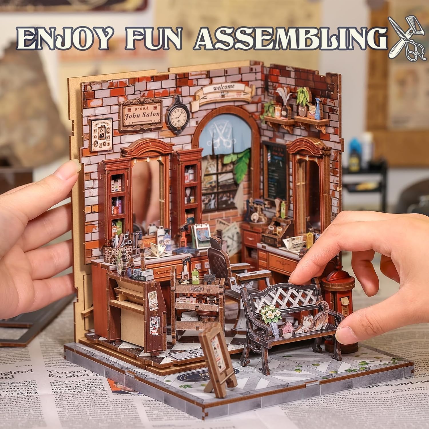Cutefun Book Nook Kit - DIY Miniature Dollhouse Kit for Adults and Teens, Barbershop Mini House Building Kit with LED Bookshelf Insert Decor Creative Gifts (John's Hair Salon)