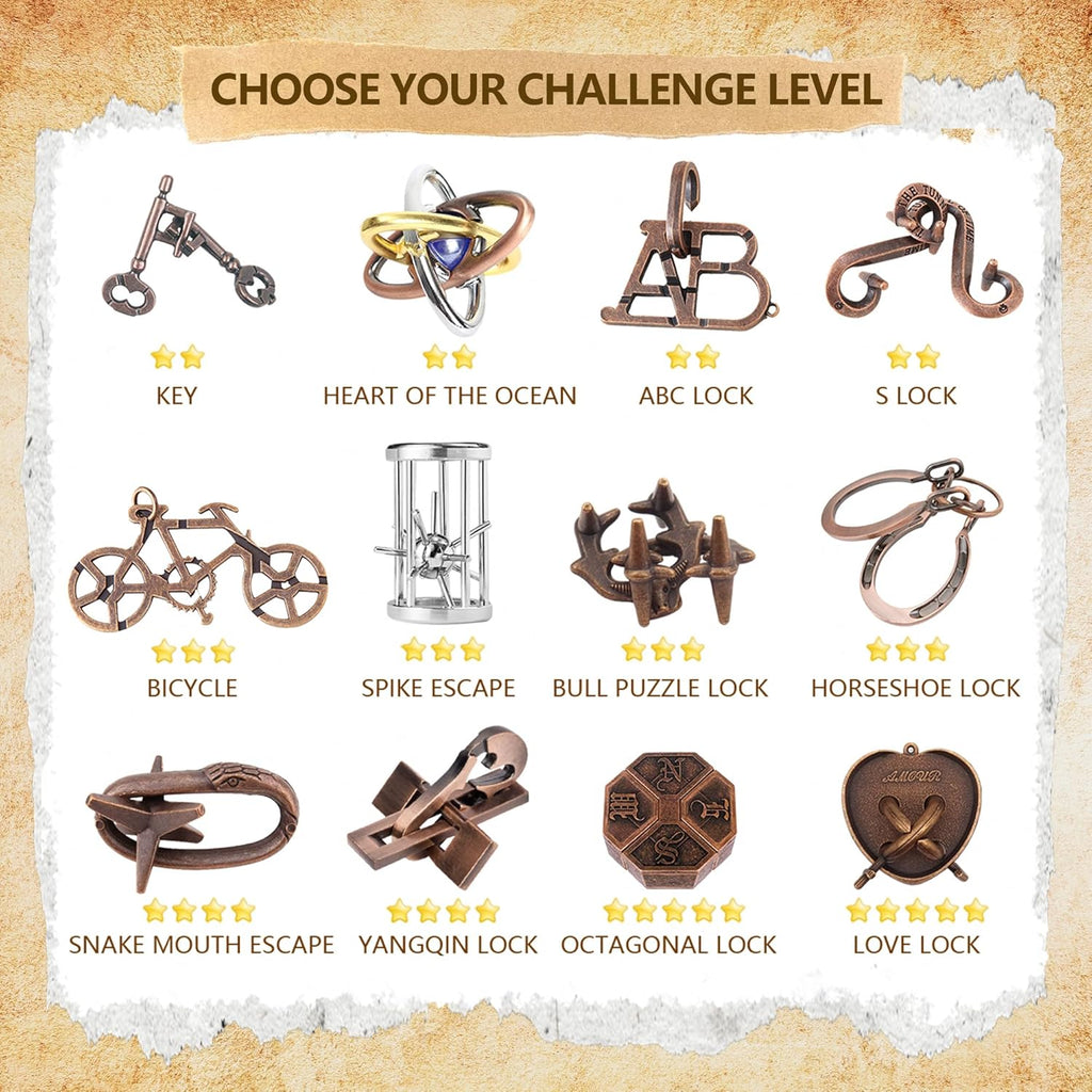 12Pcs Brain Teaser Puzzles for Adults and Teens, 3D Metal Puzzle Set with Various Difficulty Levels, IQ Logic Challenge Disentanglement Game, Fun Handheld Brain Teasers for Focus, Gifts for Boys Girls