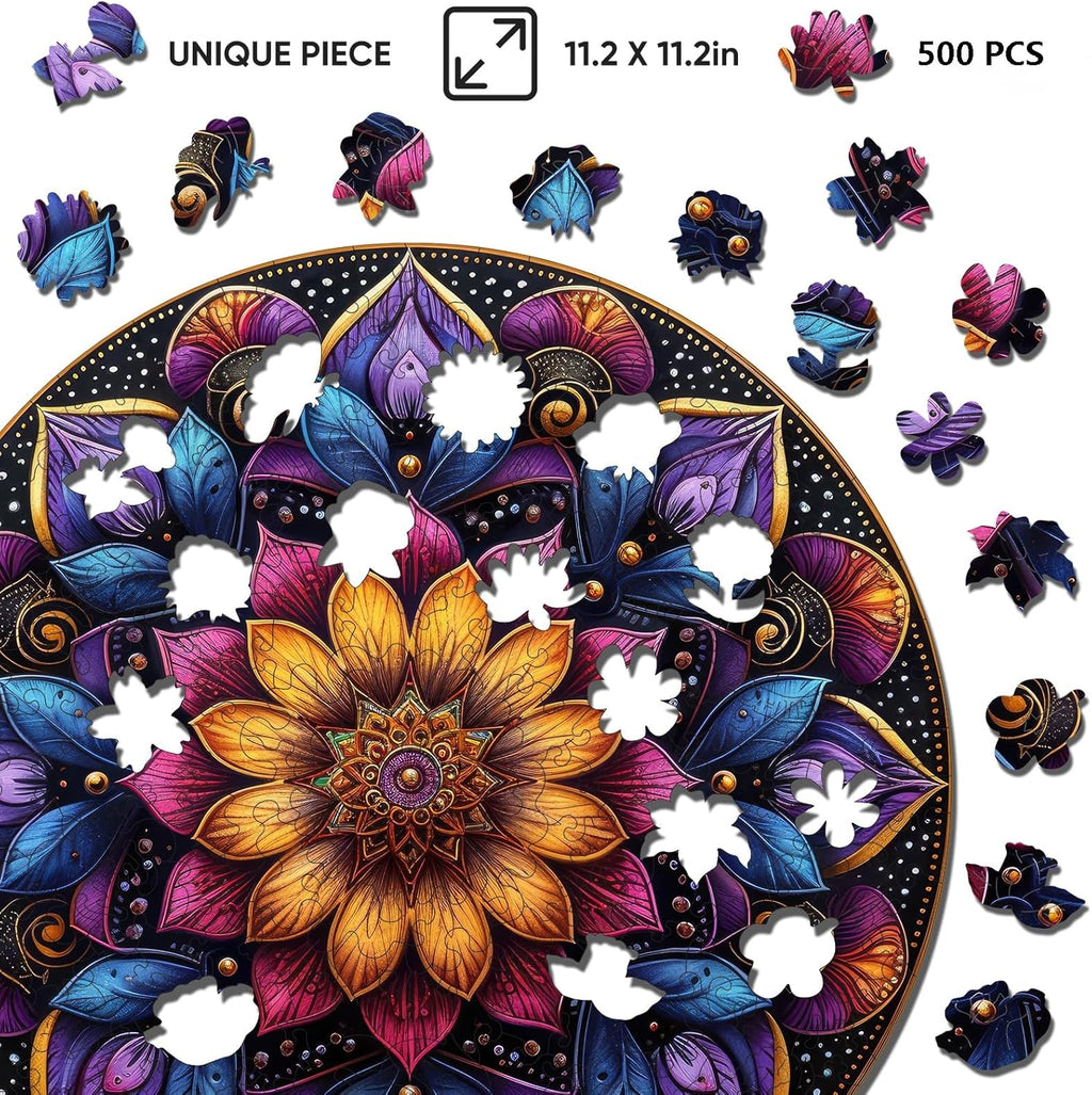 Mandela Wooden Jigsaw Puzzles - Flower Puzzles for Adults 500 Pcs, 16.7'' x 16.7''Unique Shaped Wood Puzzle, Beautiful Package for Halloween, Best Gift for Adults and Kids, Family Game