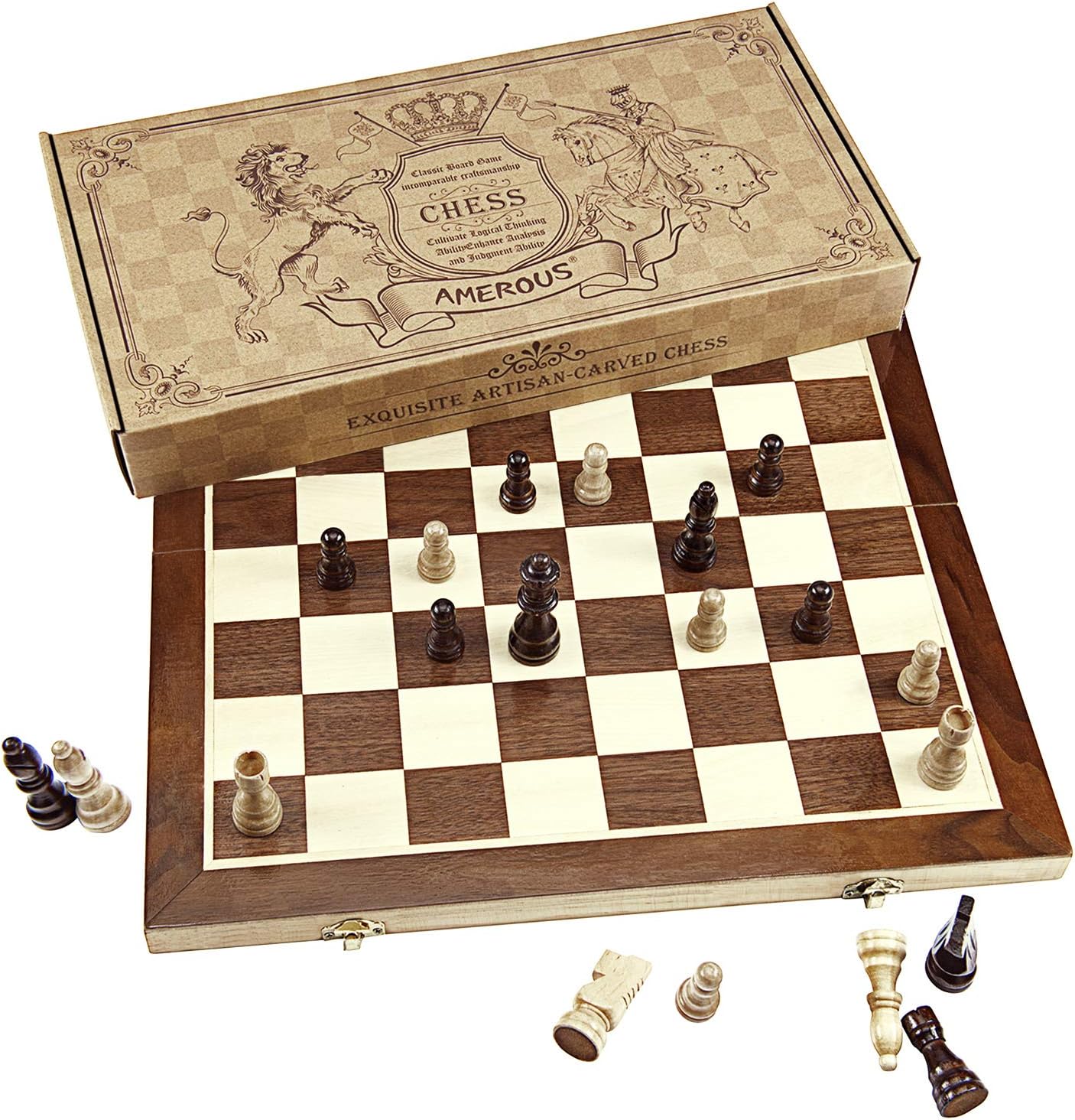 AMEROUS Chess Set, 15"x15" Folding Magnetic Wooden Standard Chess Game Board Set with Wooden Crafted Pieces and Chessmen Storage Slots