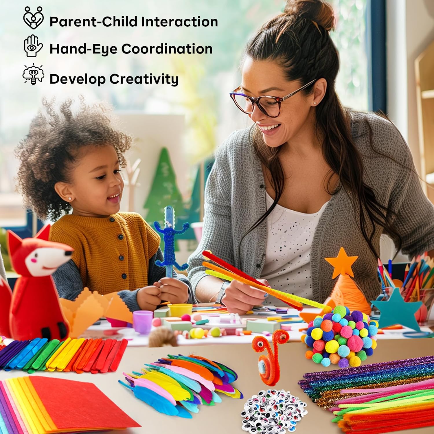 FUNZBO Arts and Crafts Supplies for Kids - Crafts Kits with Pipe Cleaners, Construction Paper, Pom poms, Googly Eyes, Crafts for Kids Ages 4-8, School Craft Projects,4 6 8 Birathday Gifts for Girls