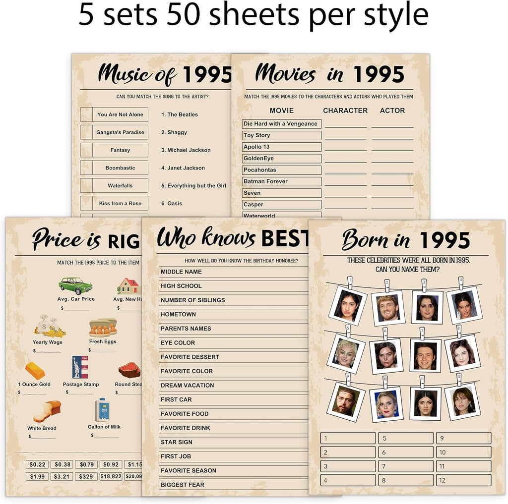 QUPT 30th Birthday Party Games, Set of 5 Activities for 10 Guests, Born in 1995 Games Bundle, Birthday Party Supplies for Adults, Pack of 50 Cards
