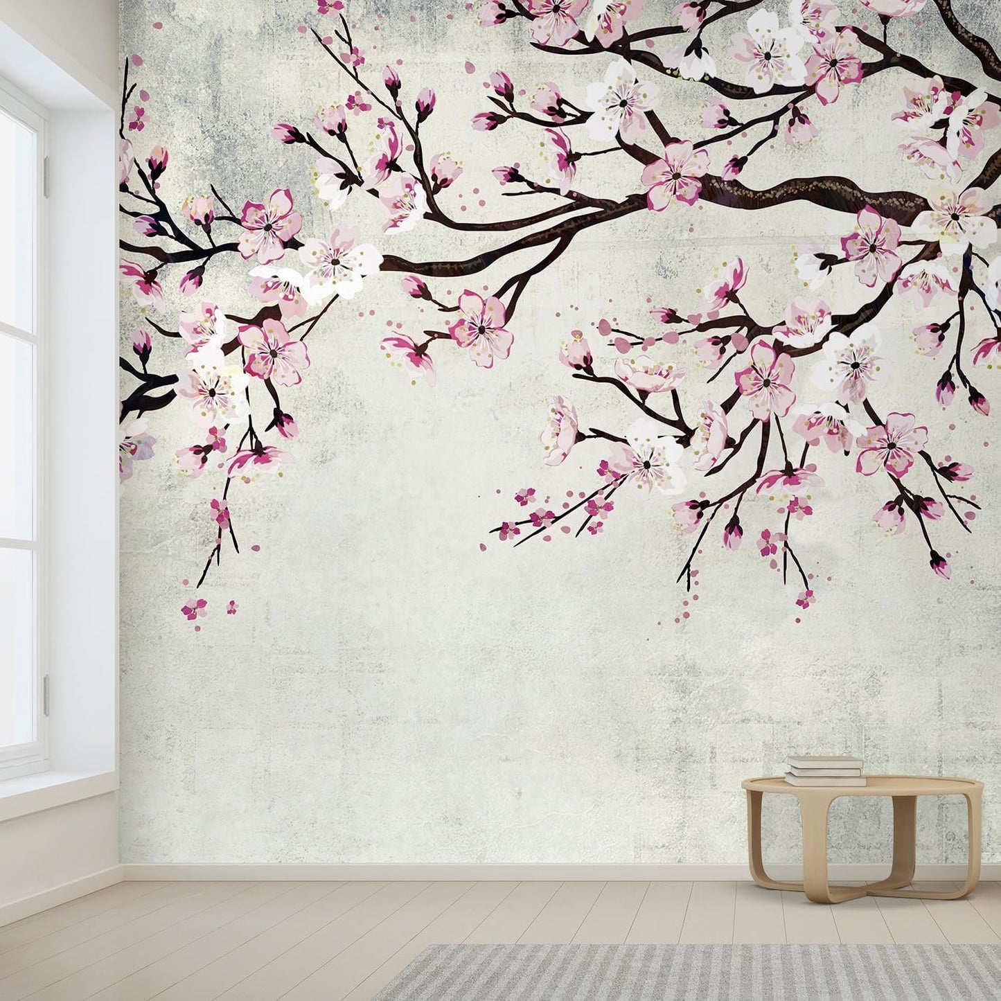 wall26 Wall Sticker/Wall Mural Watercolor Style Ink Painting Pink Cherry Blossom on Vintage, Not Peel and Stick, Non-Woven Wallpaper Decorative for Bedroom, Living Room, Office - 108x144 inches