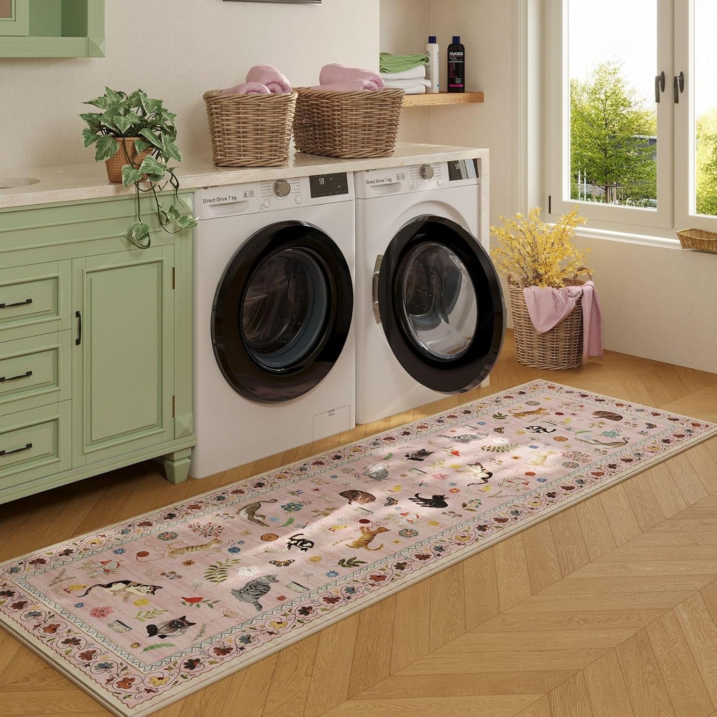 Rugcomf Runner Rug for Kitchen Non Slip 2'6''x8' Washable Rugs with Rubber Backing Soft Floral Animal Cat Carpet Runner for Kitchen Laundry Bedroom Bathroom, Pink