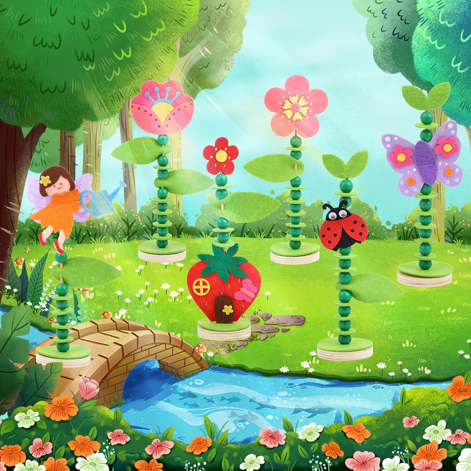 Coola Craft Kit Set for Preschool Kids, Educational Felt & Wood Flower Fairy Kit for Ages 3 4 5 6 7 8, Easy DIY Activity for Boys & Girls, Pack of 6