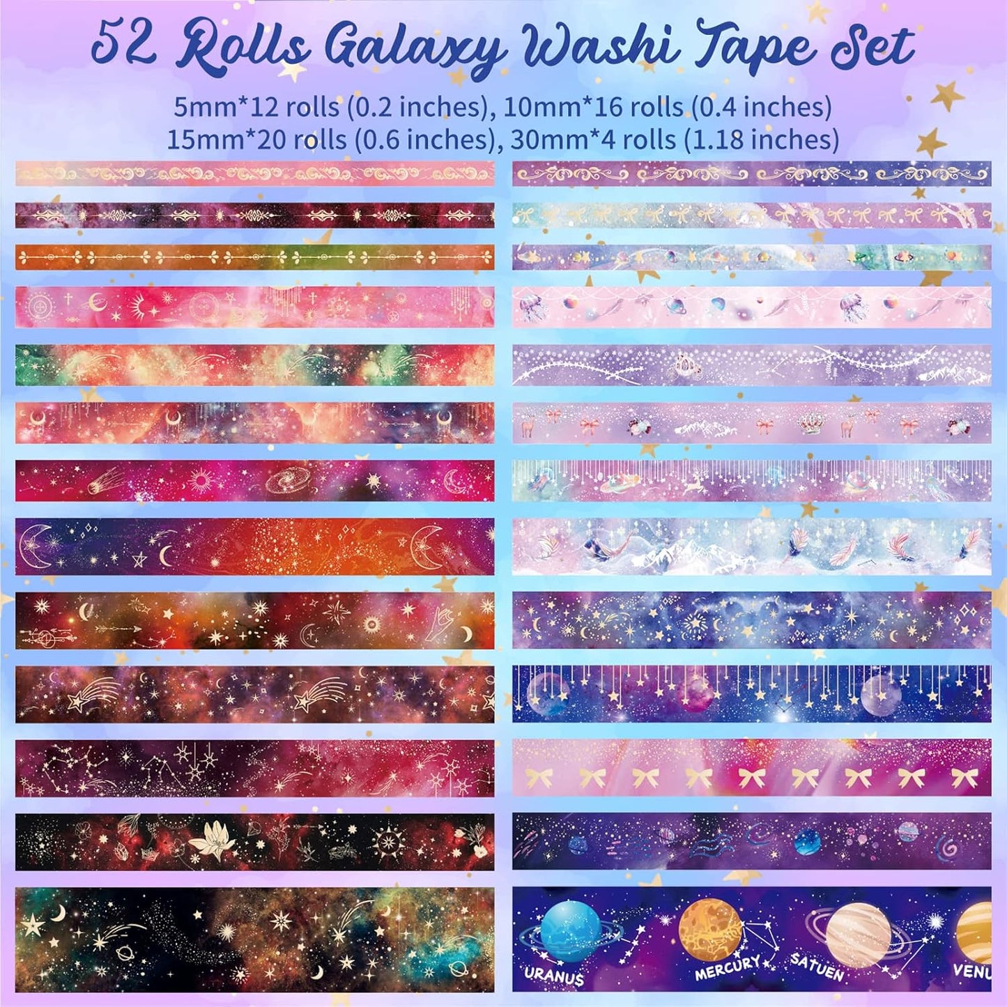 52 Rolls Washi Tape Set, Gold Foil Galaxy Washi Tape for Journaling Supplies, 4 Size Washi Tapes for Scrapbooking, DIY Journal Set, Craft, Gift Wrapping, Painting