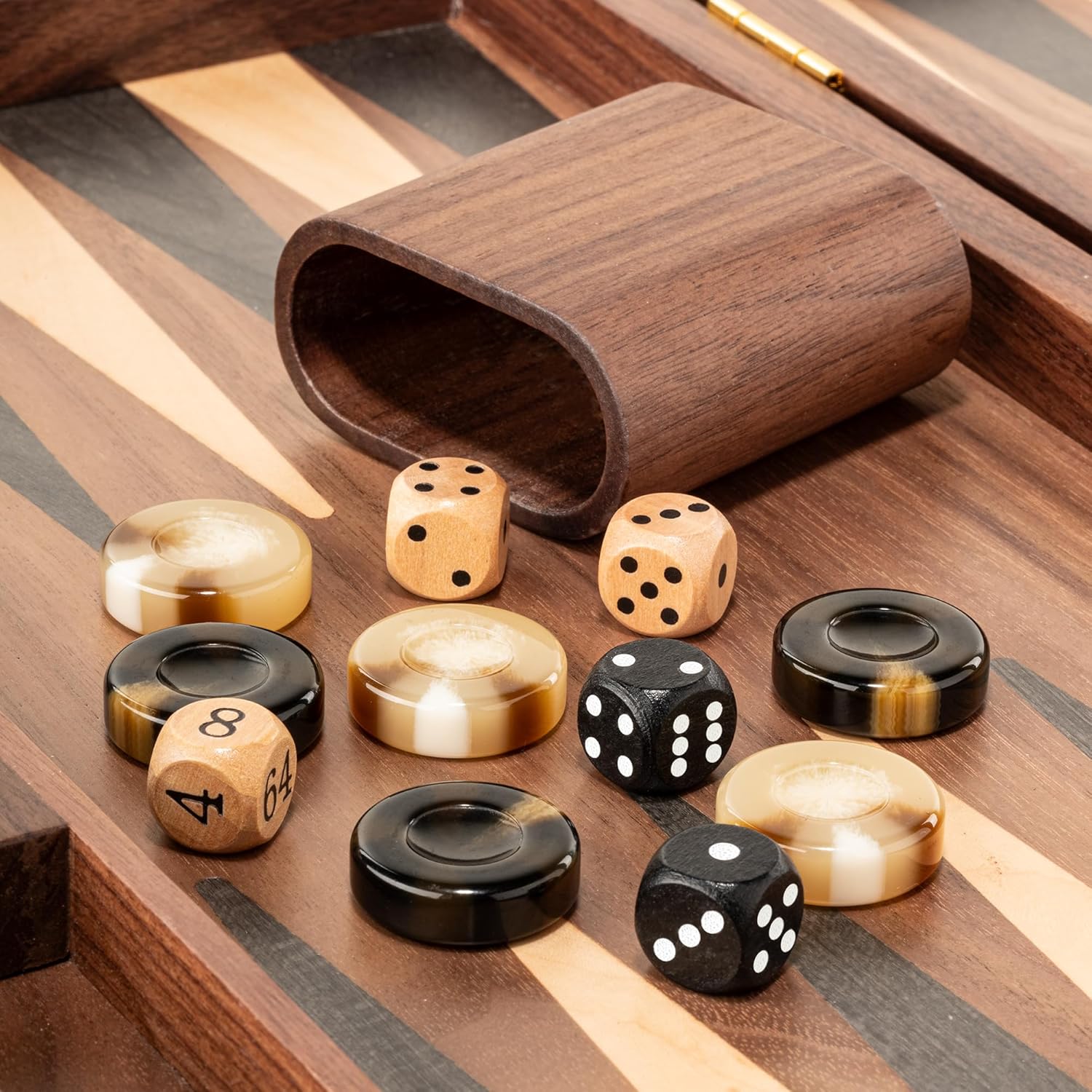 14.5” Premium Natural Walnut Folding Backgammon Sets for Adults and Kids, Including 30 Artificial Horn Checkers, 2 Walnut Dice Cups, and 5 Wooden Dice/Classic Two-Player Strategy Board