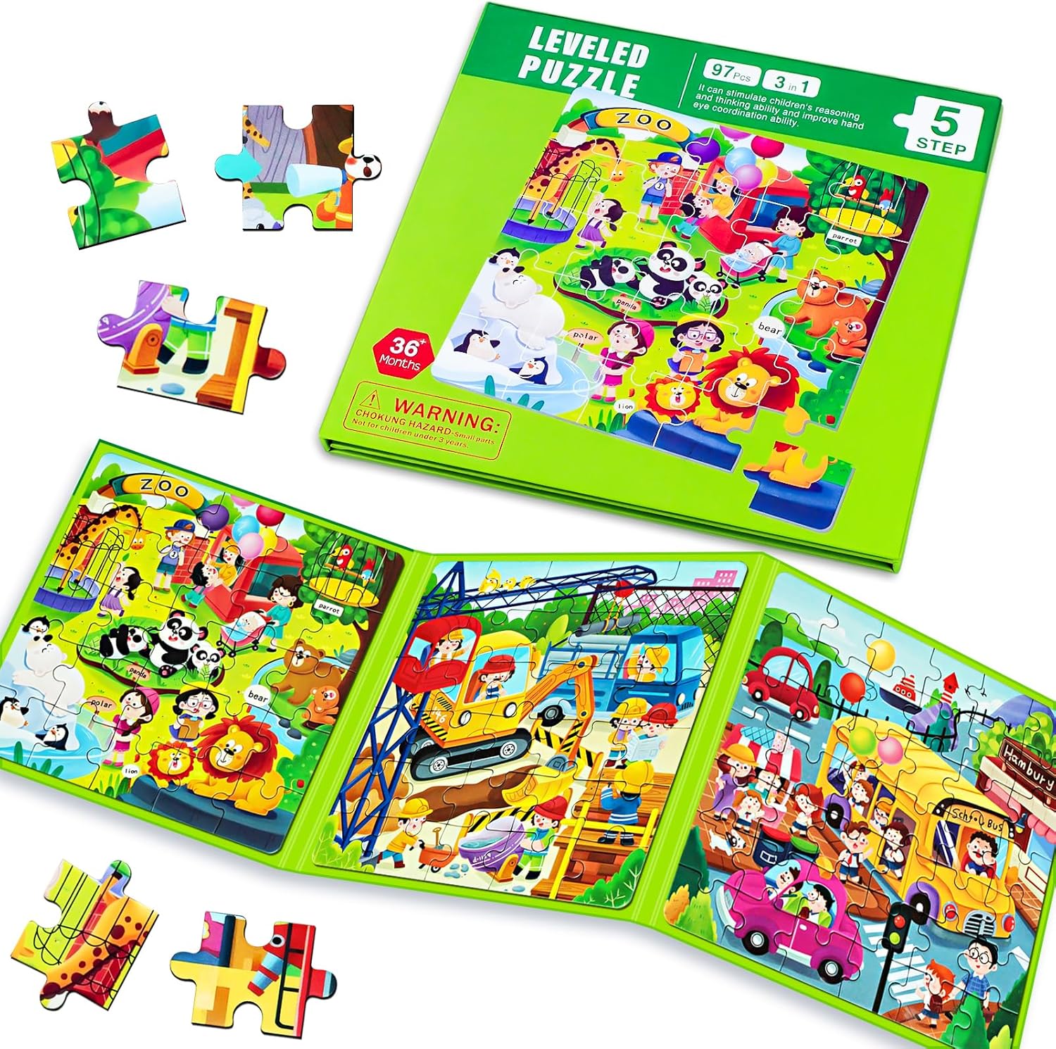 Magnetic Puzzles for Kids Ages 4-8, 3 in 1 Cartoon Jigsaw Puzzle Book, Toddlers Travel Puzzles Toys, Preschool Learning Toy for Children 3-8 Year (Green Zoo)