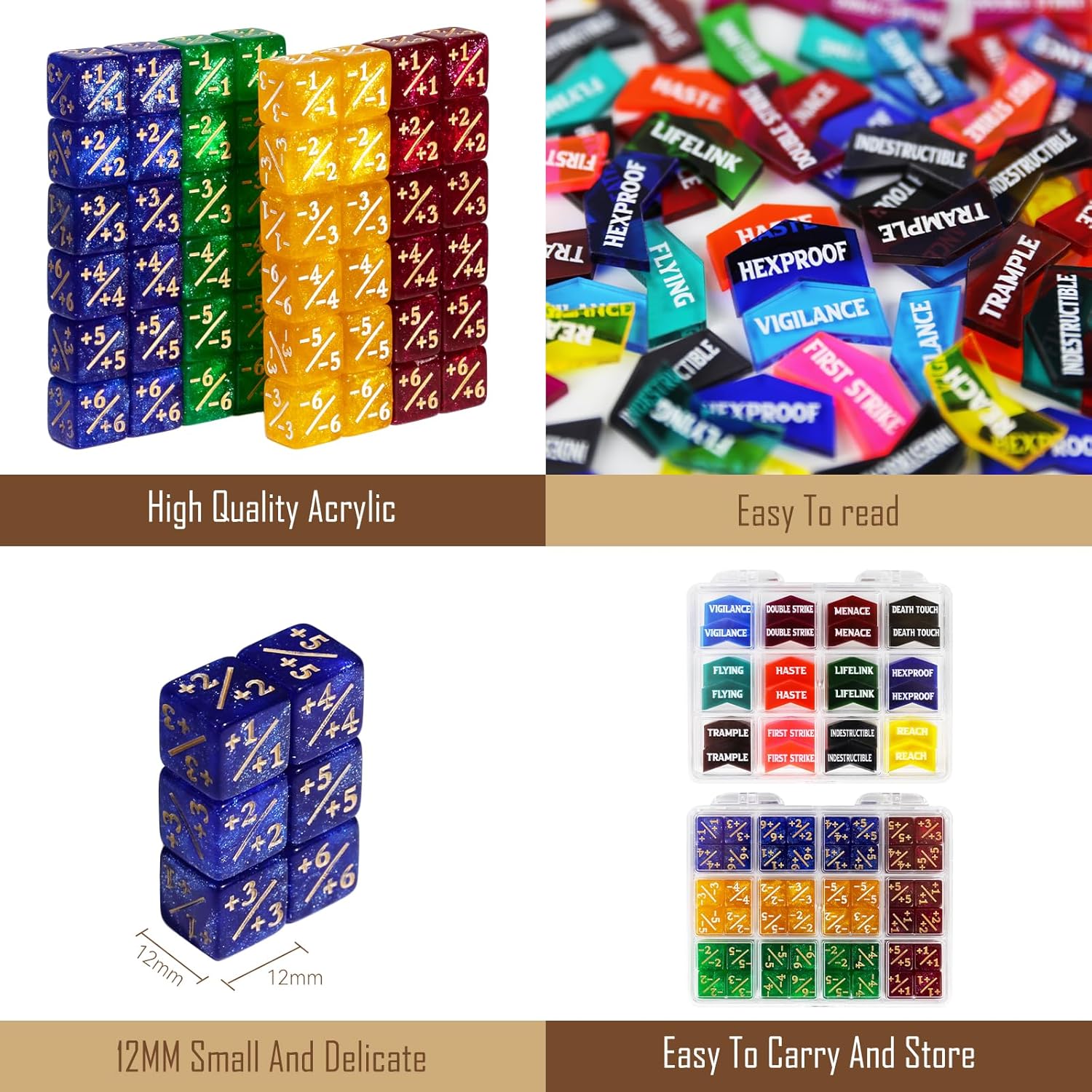 108PCS MTG Tokens & 12mm MTG Dice Set for Magic Card, Keyword Token Life Counters Dice with Box, Compatible with Magic CCG Card Gaming Accessories