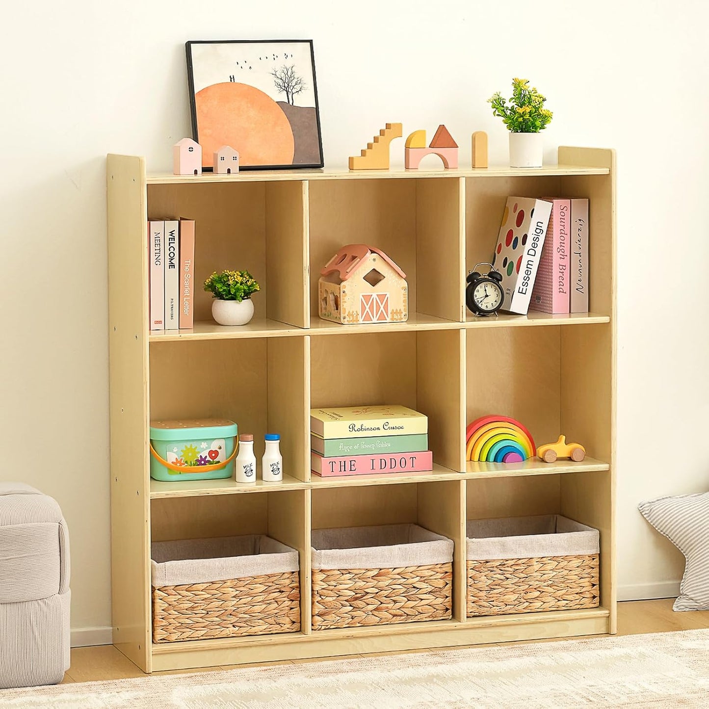 OOOK 9-Cube Storage Organizer, Wooden Storage Cabinet Display Shelf, Kids Bookshelf for Classroom, Playroom, Living Room, Office, etc