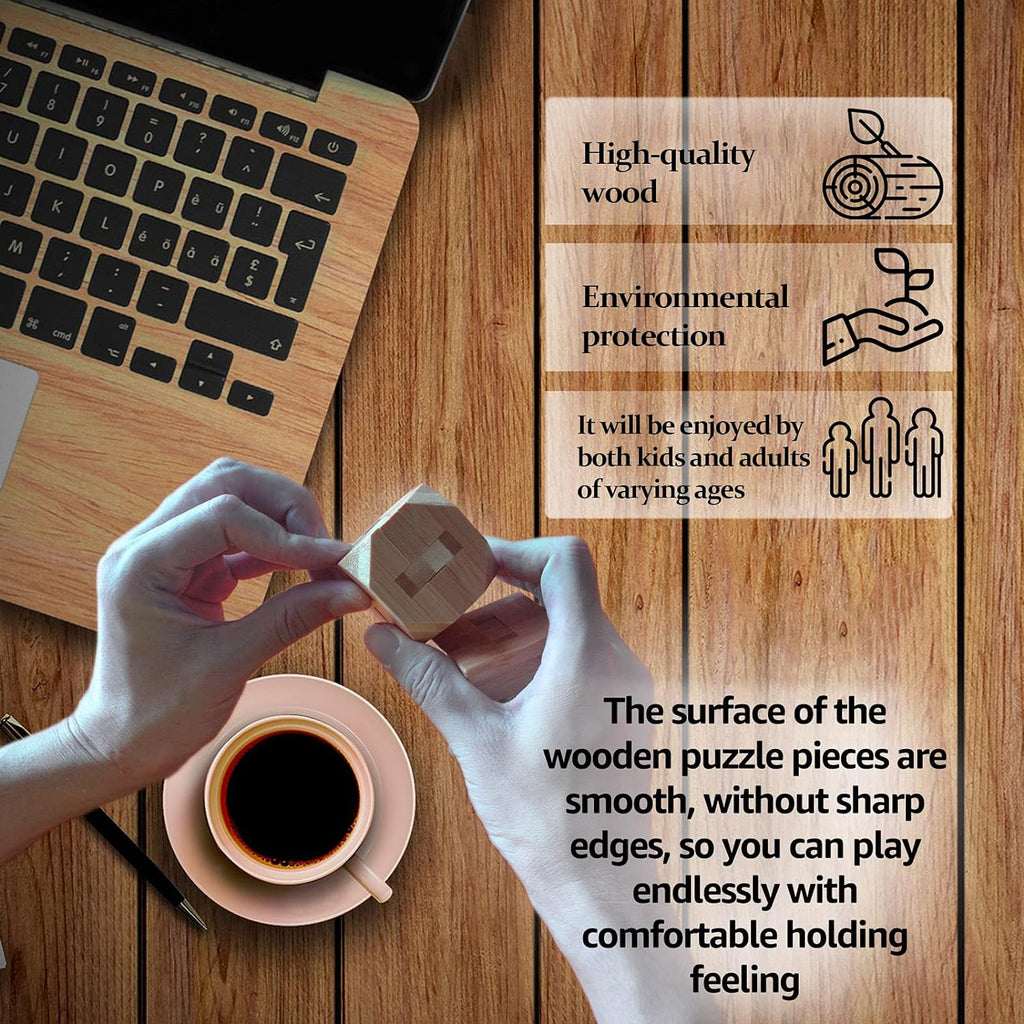 VolksRose 9pcs Wooden Brain Teaser Puzzles, IQ Challenge Puzzle Games, Logic Mind Puzzle Box Lock Toy Disentanglement 3D Small Brain Puzzle Gift Set for Adults Teenagers Kids, 1.8inch 4.5cm