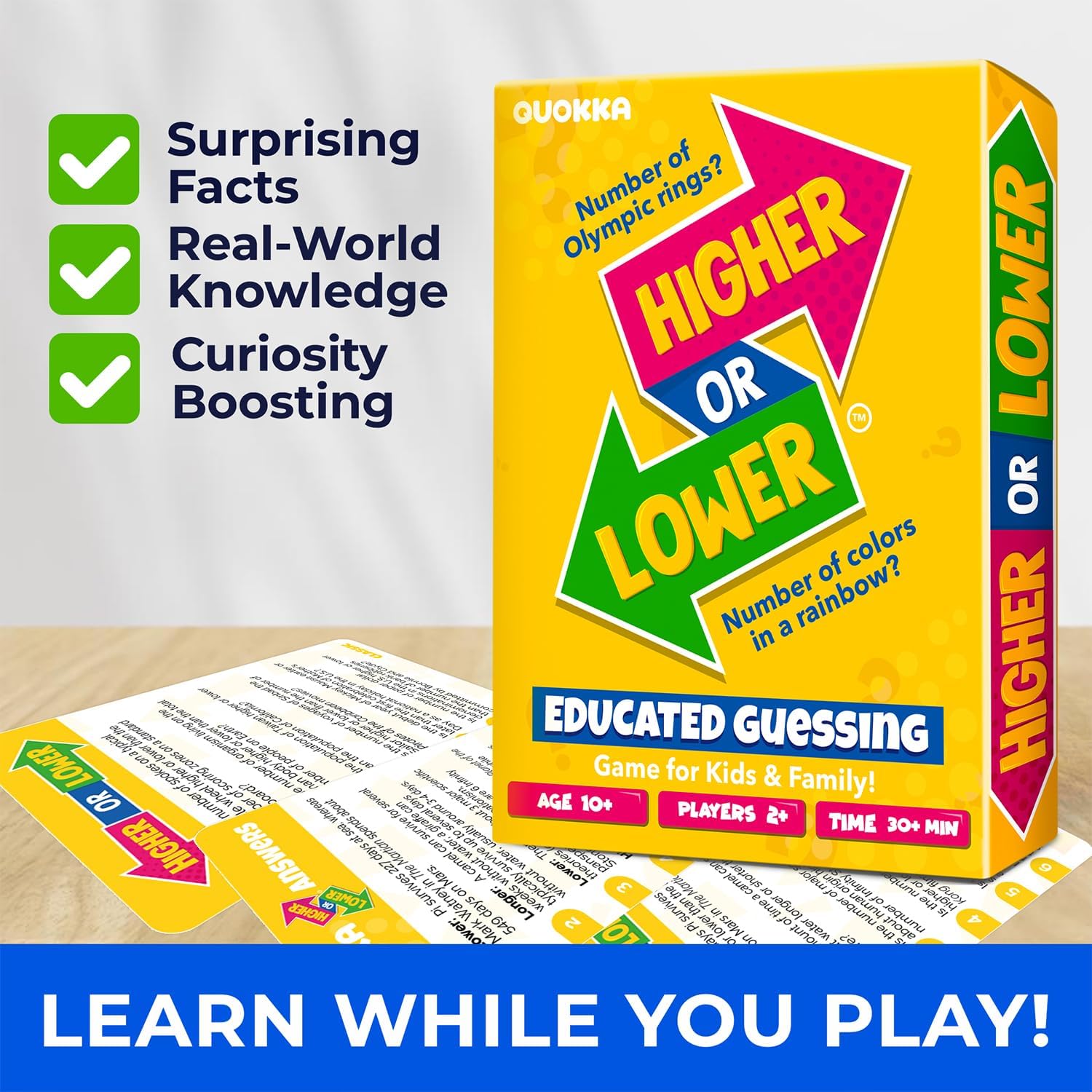 QUOKKA Trivia Board Games for Kids and Adults - Version V2.0 - Family Night Board Game 4xSet Higher or Lower Trivia Cards | Guess Fun Questions | 2 + Players - Challenge Your General Knowledge