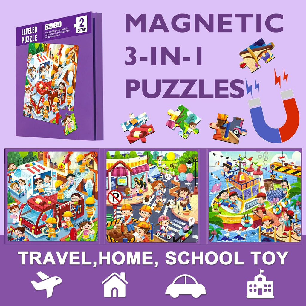 Magnetic Puzzles for Kids Ages 4-8, 3 in 1 Toddlers Cartoon Magnet Jigsaw Puzzle Book, Travel Toys, Preschool Learning Toy for Ages 3-8 (Purple Squad)