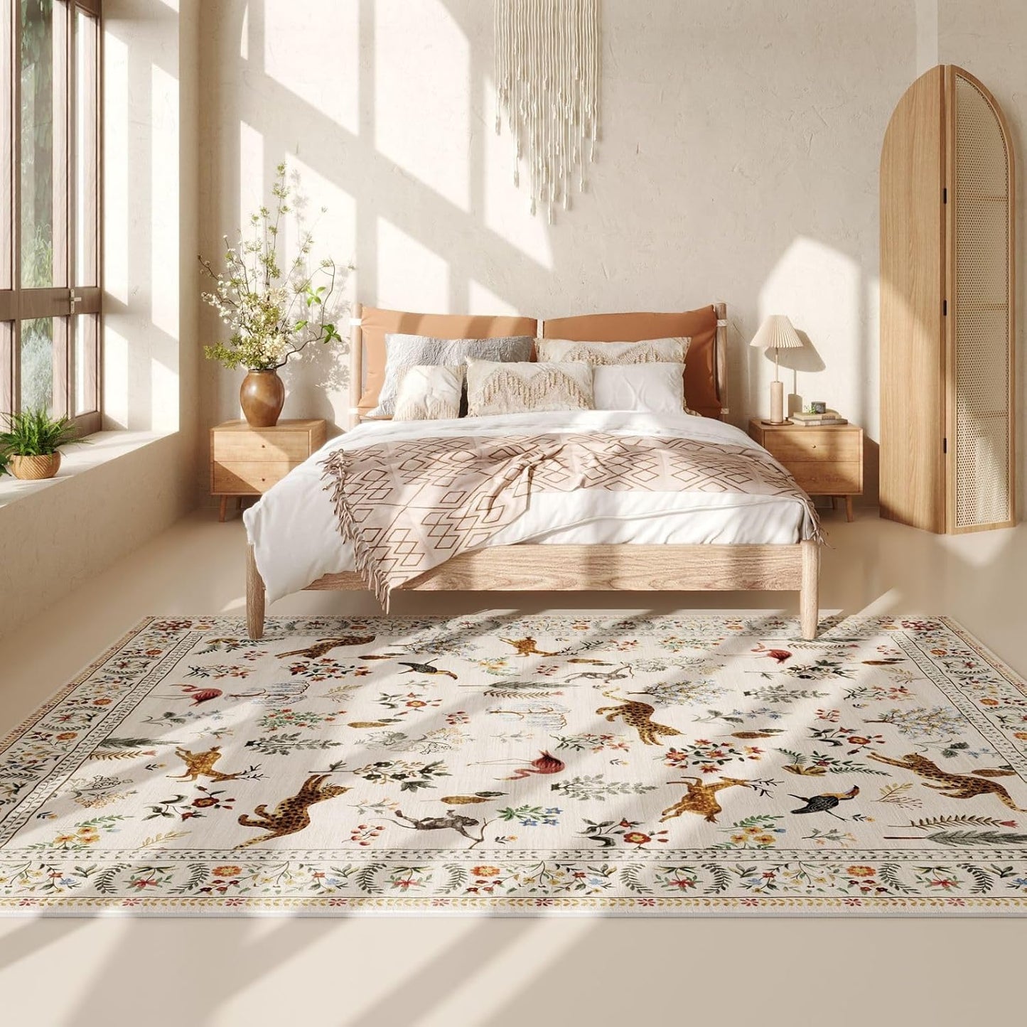 Rugcomf Living Room Rug 5x7 Rug Machine Washable Boho Area Rug Non Slip Floral Animal Vintage Low Pile Large Rugs for Living Room, Bedroom, Farmhouse, Dining Room, Kids Playroom (Beige)
