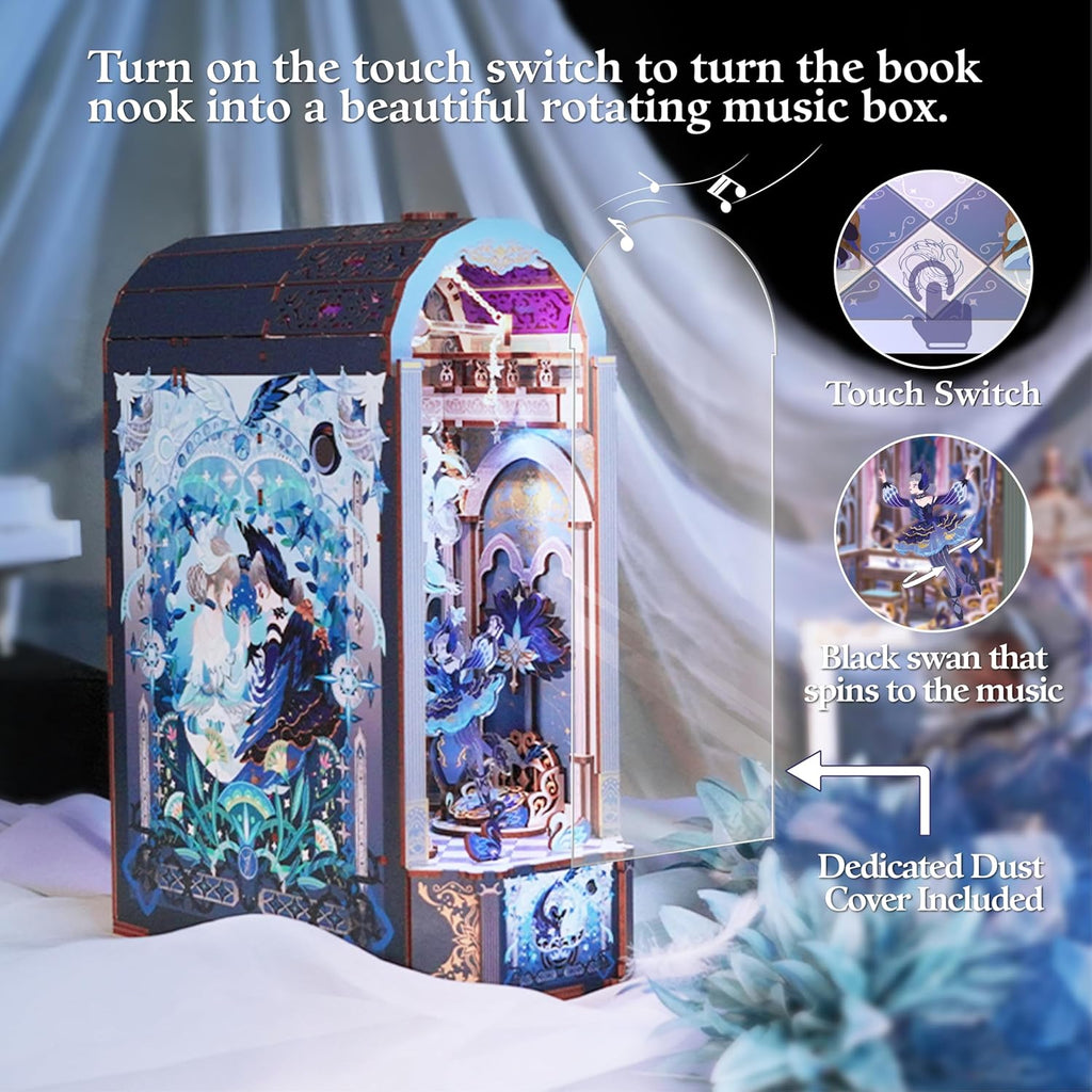 Tonecheer DIY Book Nook Kit for Adults, 3D Wooden Puzzle Music Box Bookend, Rotation Miniature House Booknook Bookshelf Insert Decor with Dust Cover and LED Light (Swan Dream)