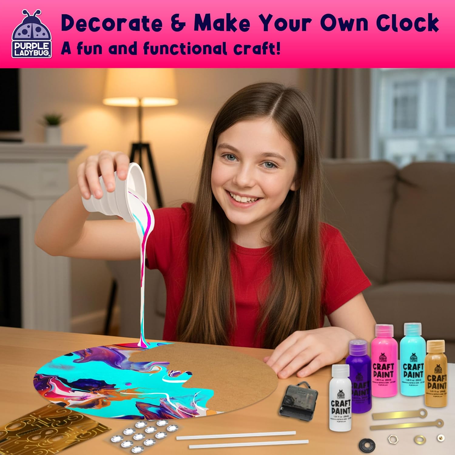 Acrylic Pouring Paint DIY Clock Kit - Creative Kids Painting Kit - 6 7 8 9 10 11 12 Year Old Girl Gift Ideas, Birthday & Christmas Gifts for 6-12 Year Old Boys & Girls - Crafts for Kids 6-8 8-12