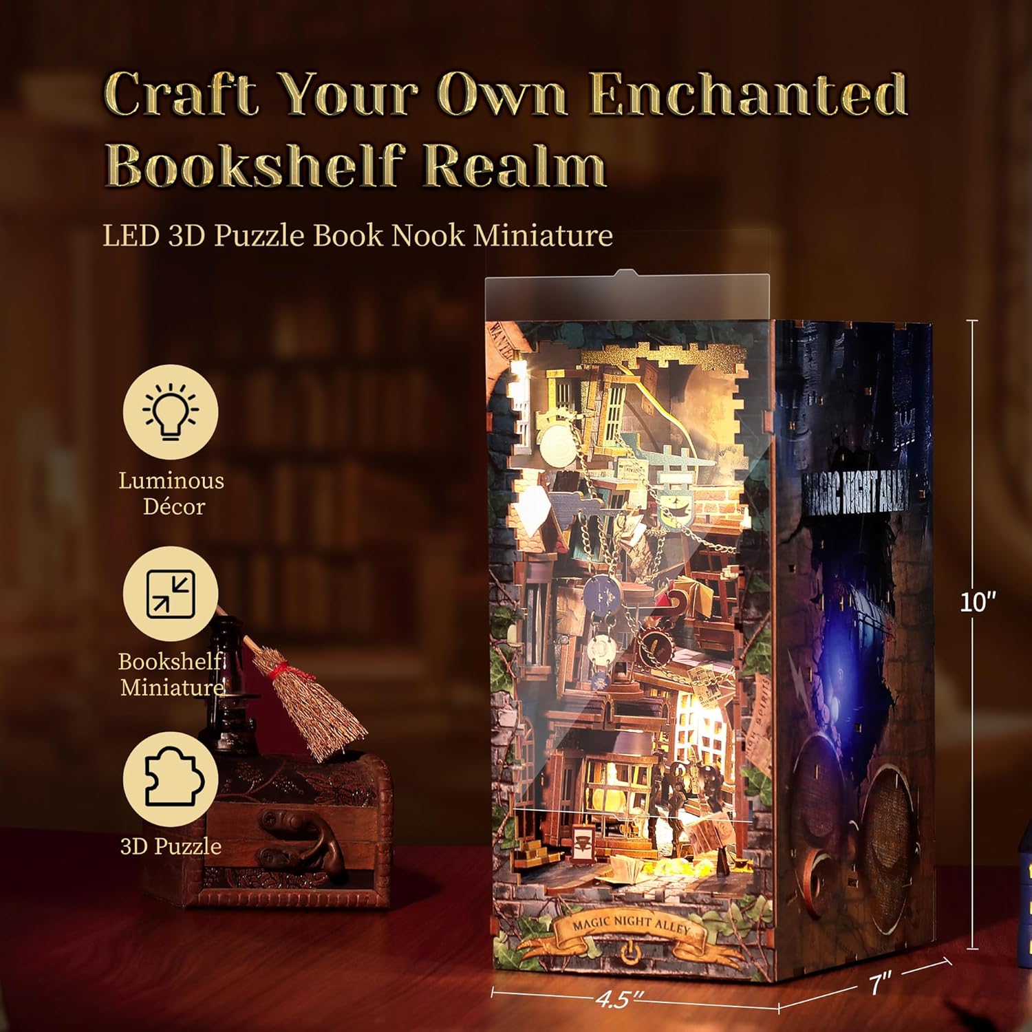 3D Wood Puzzle Book Nook Kit, DIY Magical Miniature Dollhouse with LED Light, Magic Night Alley Bookshelf Insert Bookend for Display, 3D Puzzle Craft Set for Adults(Magic Night Alley)
