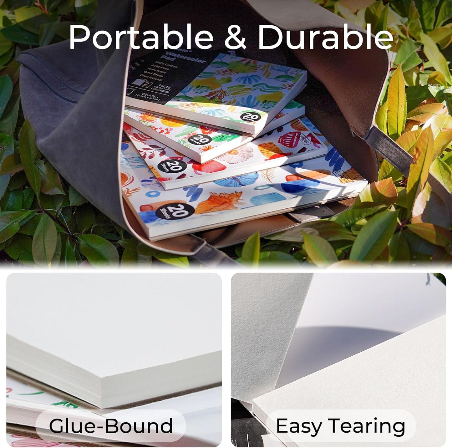 Funto Watercolor Pad, 2Packs, 12x9”, 20 Sheets Each, 140lb/300gsm, 100% Cotton, Cold Press, Glue Bound, Easy Tear Heavyweight Art Paper for Painting