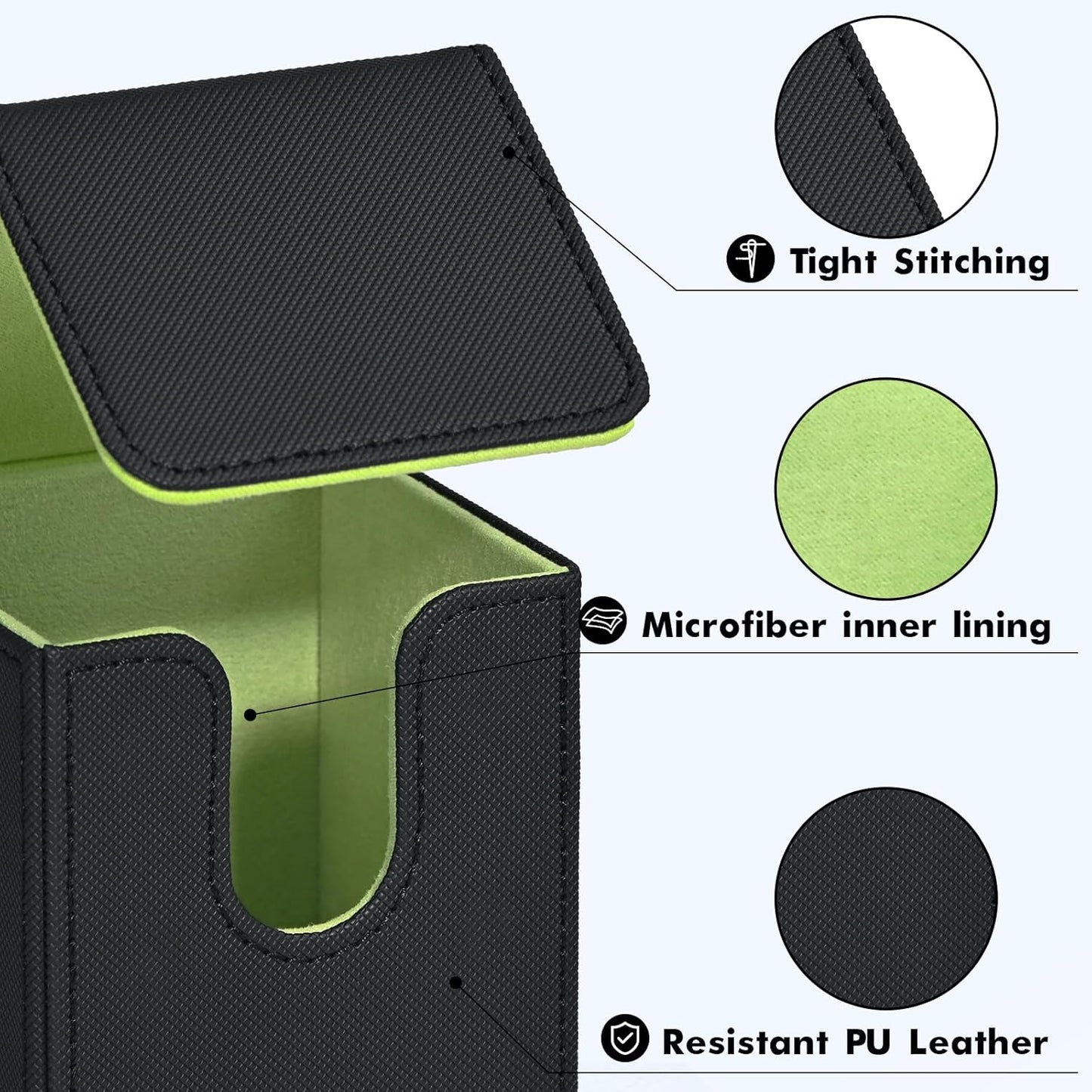 ZLCA Card Deck Box for Trading Cards, MTG YuGiOh Deck Case Holds 100+ Single Sleeved Cards, PU Leather Magnetic Card Storage Box Fits for TCG CCG Magic Game Cards (Black& Green)