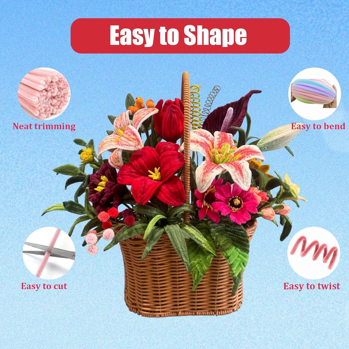 LansinLife 400 Pcs Pipe Cleaners Craft Set, 5 Assorted Red Pipe Cleaners Bulk, Chenille Stems for DIY Flower Making Kit with Floral Stems, Gardening Tape, Stamen, Ribbon for DIY Bouquet Gift (Red)