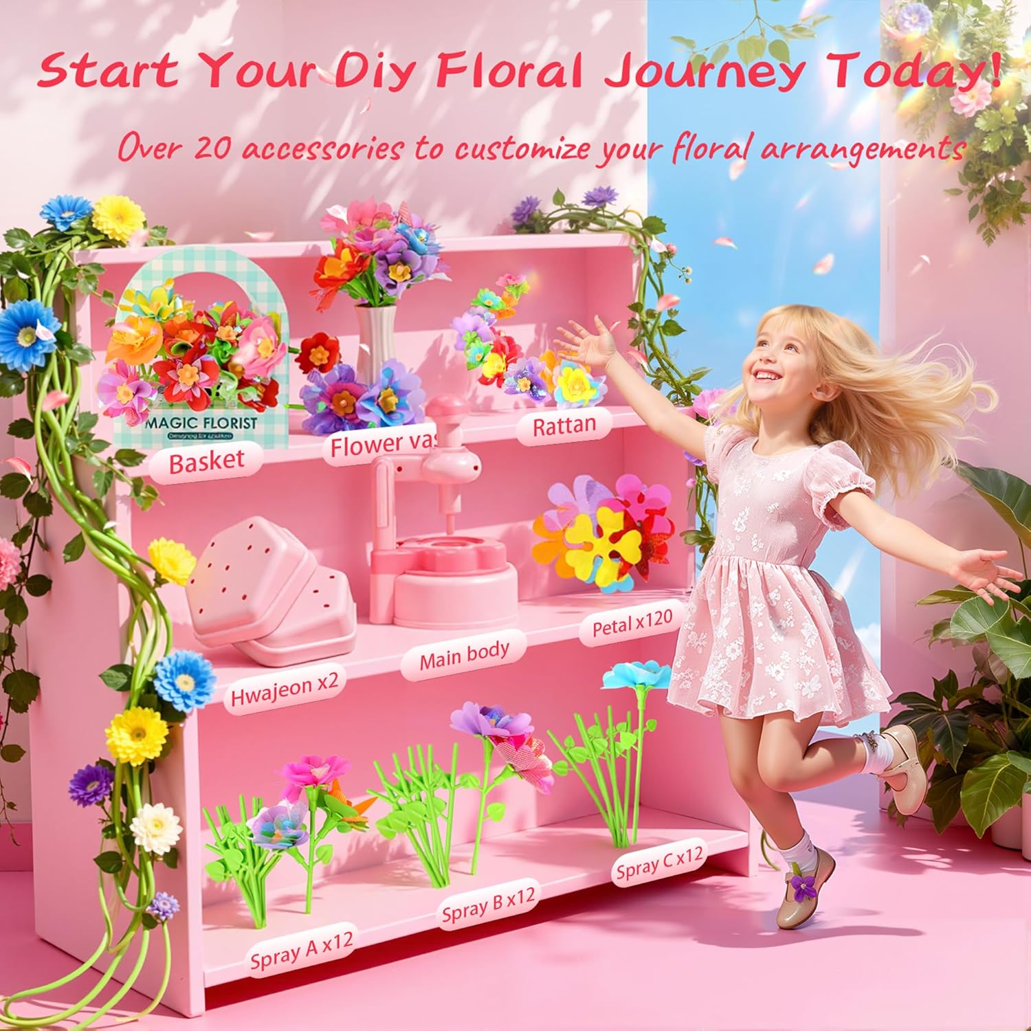 Unitour DIY Flower Bouquet Craft Kits，Arts and Crafts Flowers Market Toy for Kids，Birthday Gift for 4 5 6 7 8 9 10 Year Old Girl Boy