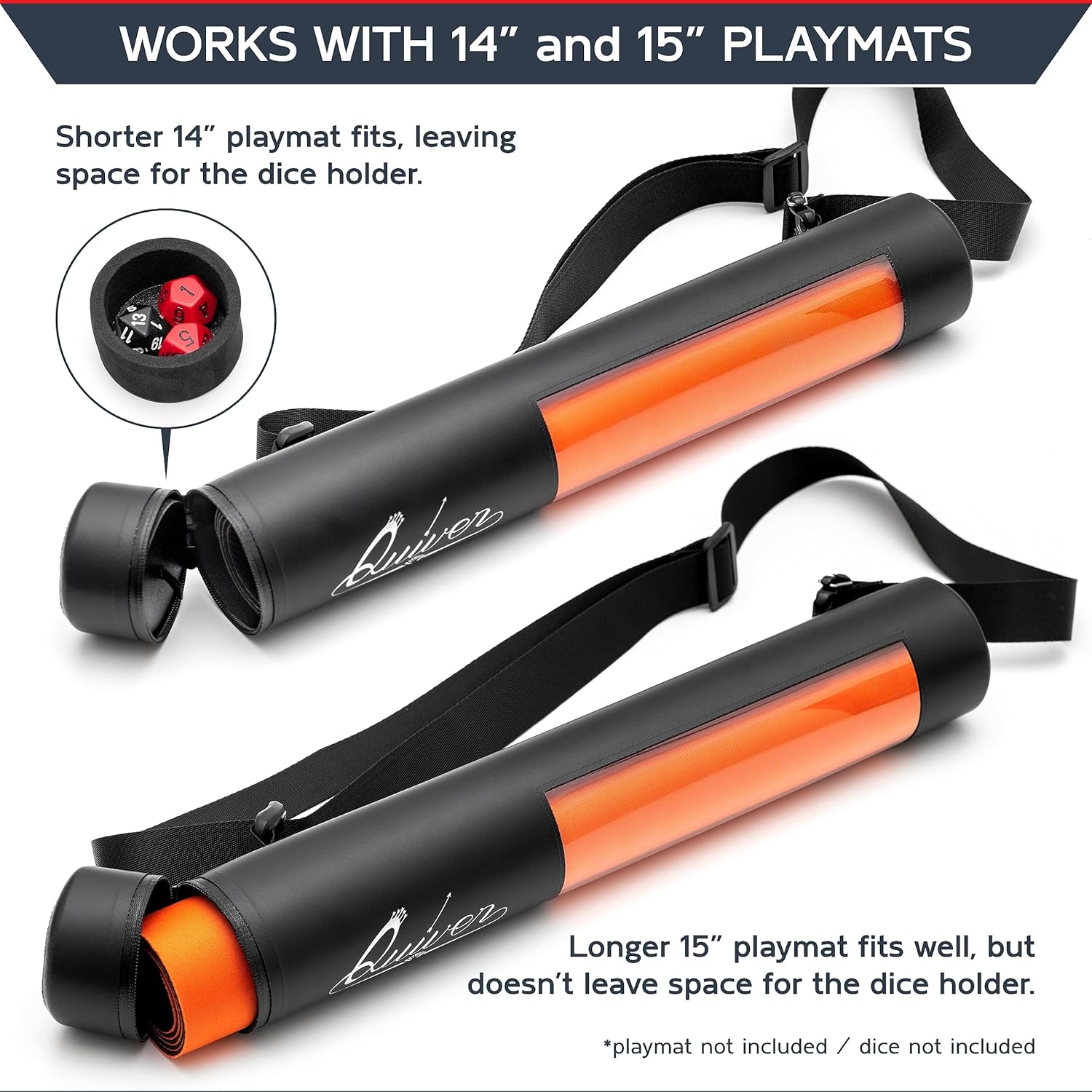 Quiver Time Black XL Orion Playmat Tube - TCG MtG Playmat Tube Case with Waterproof Zipper, Hidden Dice Pocket, Adjustable Removable Shoulder Strap, See-Through Window, Fits 14" and 15" playmats