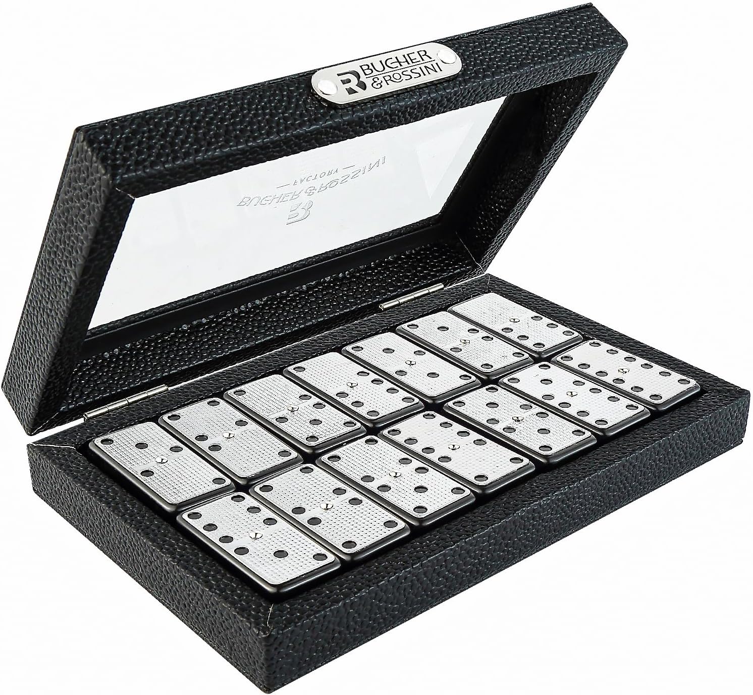 Bucher&Rossini Metal Surface Dominoes Set Double 6 - Classic Black Domino's Game Set with Silver Metal Surface for Adults and Kids Ideal Gift for Domino Players or Family Game Night