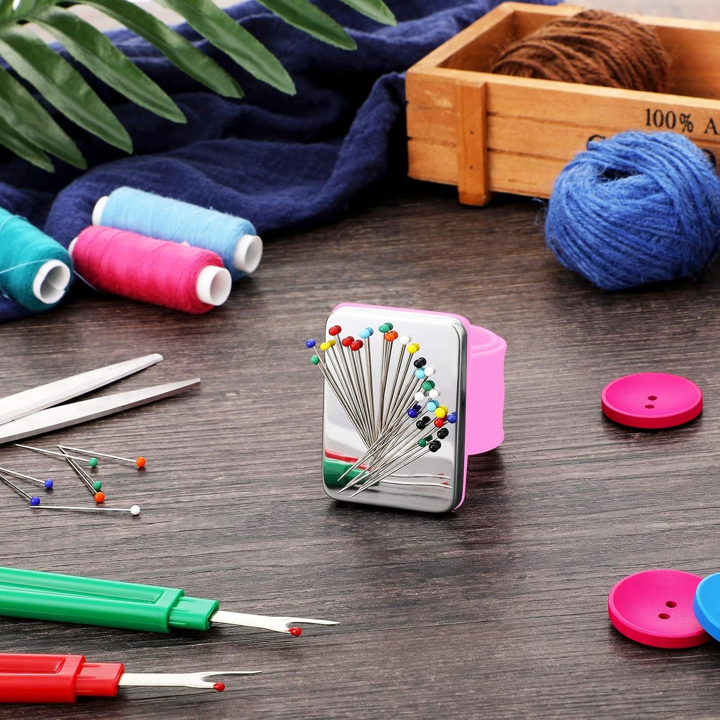 WILLBOND Magnetic Wrist Sewing Pincushion Wrist Magnetic Pin Holder Wristband Pin Cushion Holder with 3 Pcs Stainless Steel Pintail Comb Rat Tail Comb for Hair Clips Hand Sewing(Pink)