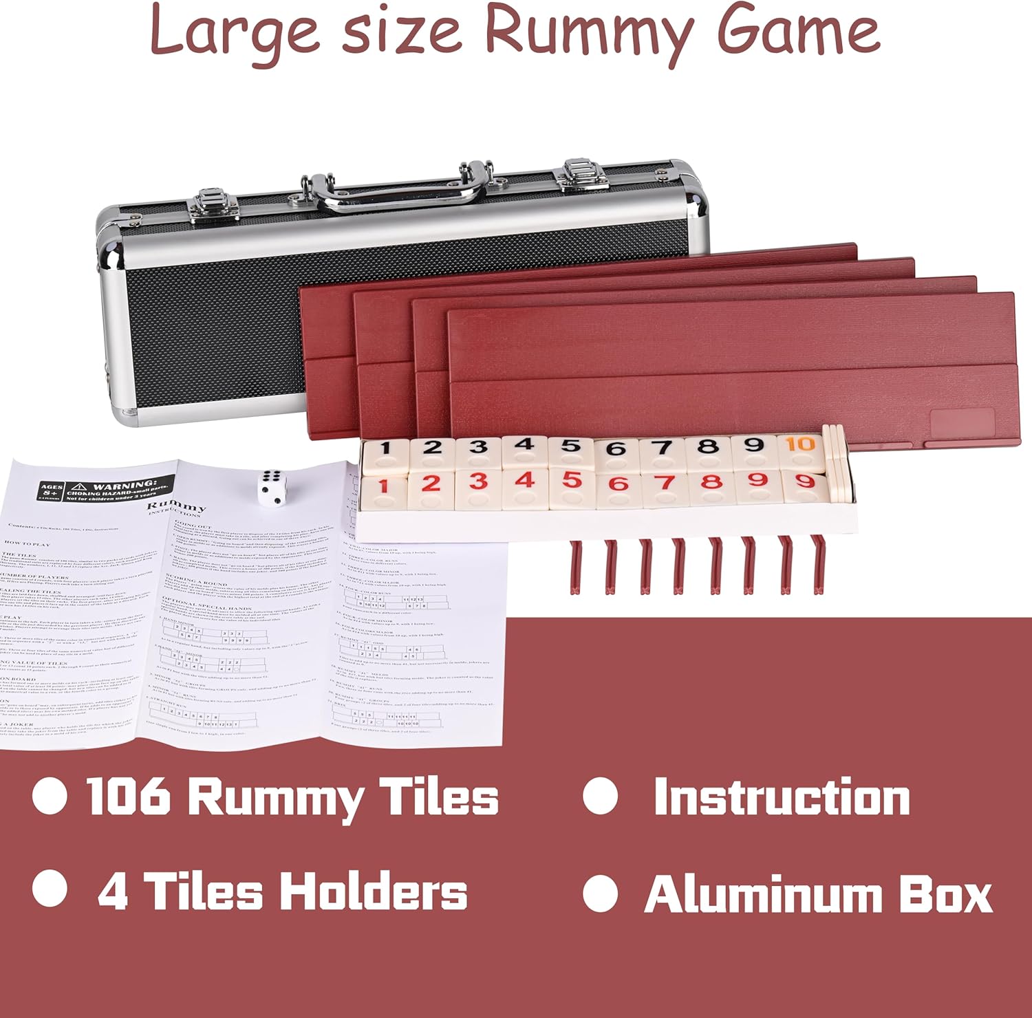 Doublefan Rummy Cube 4 Player Edition, 106 Rummy Cube Game Set with with 4 Plastic Racks in Portable Aluminum Case, Classic Board Game for Adults and Elderly.