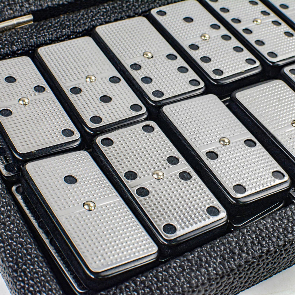 Bucher&Rossini Metal Surface Dominoes Set Double 6 - Classic Black Domino's Game Set with Silver Metal Surface for Adults and Kids Ideal Gift for Domino Players or Family Game Night