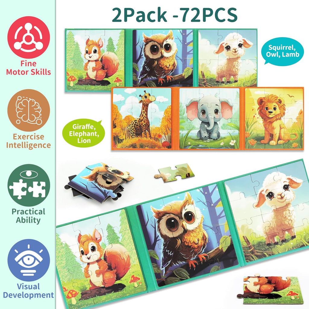 Puzzles for Kids Ages 3-5 2PK-72PCS-6 Animal Themes Magnetic Puzzles for Kids 4-6 Travel Puzzle for Airplane/Car/Road Trip/Gift Toys for 3 4 5 6 Year Old Girls and Boys