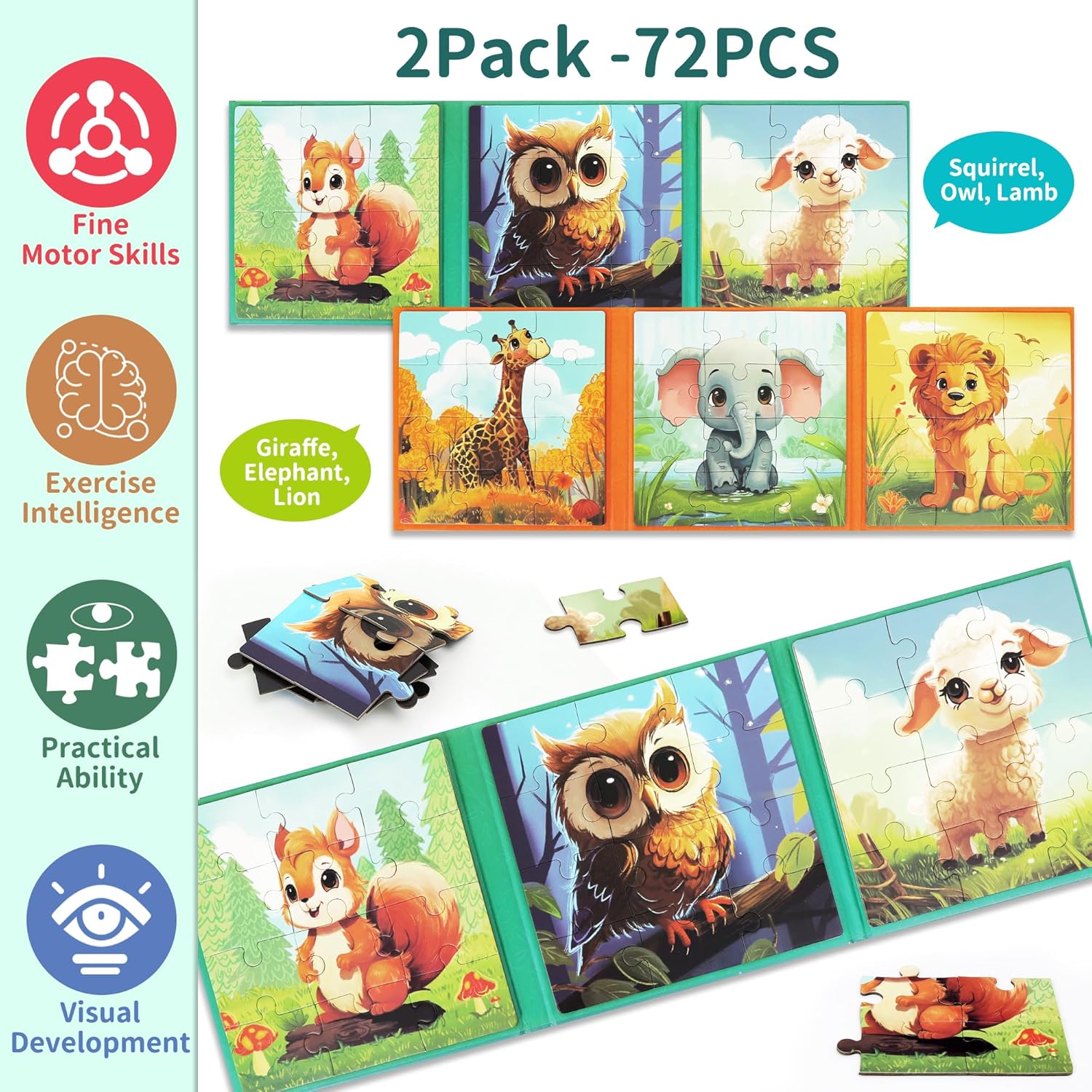 Puzzles for Kids Ages 3-5 2PK-72PCS-6 Animal Themes Magnetic Puzzles for Kids 4-6 Travel Puzzle for Airplane/Car/Road Trip/Gift Toys for 3 4 5 6 Year Old Girls and Boys