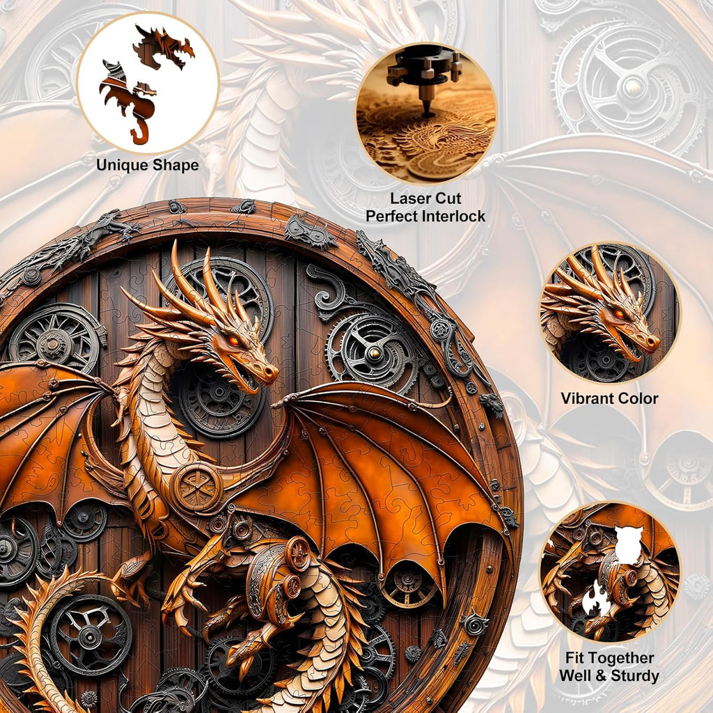 KAAYEE Wooden Puzzles for Adults, 3D Vision Mechanical Dragon Wooden Jigsaw Puzzles, Unique Shape Advanced Wood Puzzle Adult Birthday Fathers Mothers Gifts Family Games (M-11.4 * 11.3in-200pcs)