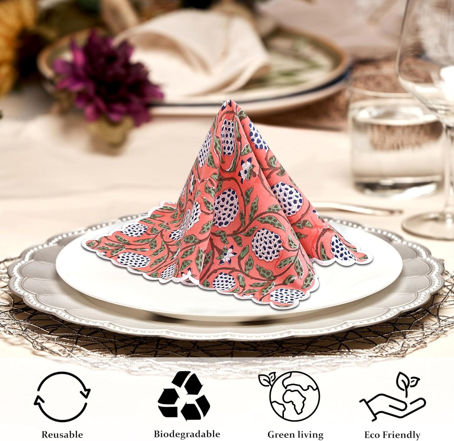 Ridhi Dark Salmon Pink Hand Block Print Napkins 18" x 18" Set of 4 Reusable Cotton Dinner Napkins for Weddings, Parties & Everyday Dining, Thanksgiving, Christmas, Fall