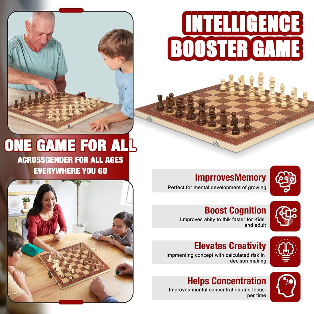 Chess Checkers Backgammon 3-in-1 Board Games Sets, Wooden Chess Set for Adults & Kids, 17.2" Lightweight Checkers Board Game,Strategy Backgammon Sets for Adults, Travel Chess Board Game Pieces Storage