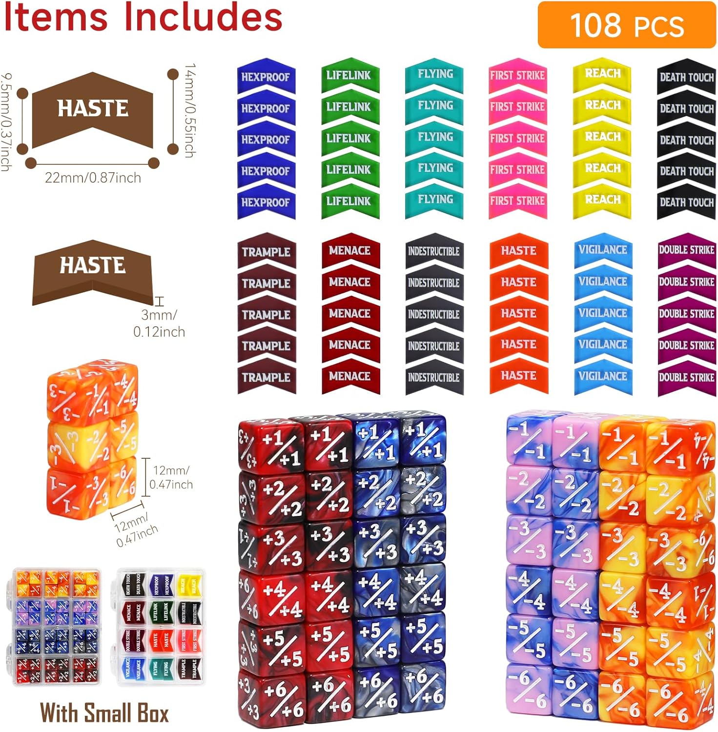 SIXPOINTS 108PCS 12mm MTG Counter Dice +1/+1 Tokens 6 Sided Dice & MTG Keyword Counters Tokens Set for Magic The Gathering, MTG, TCG, Card Games Accessories (4 Color Dices#E + MTG Keyword Counters)