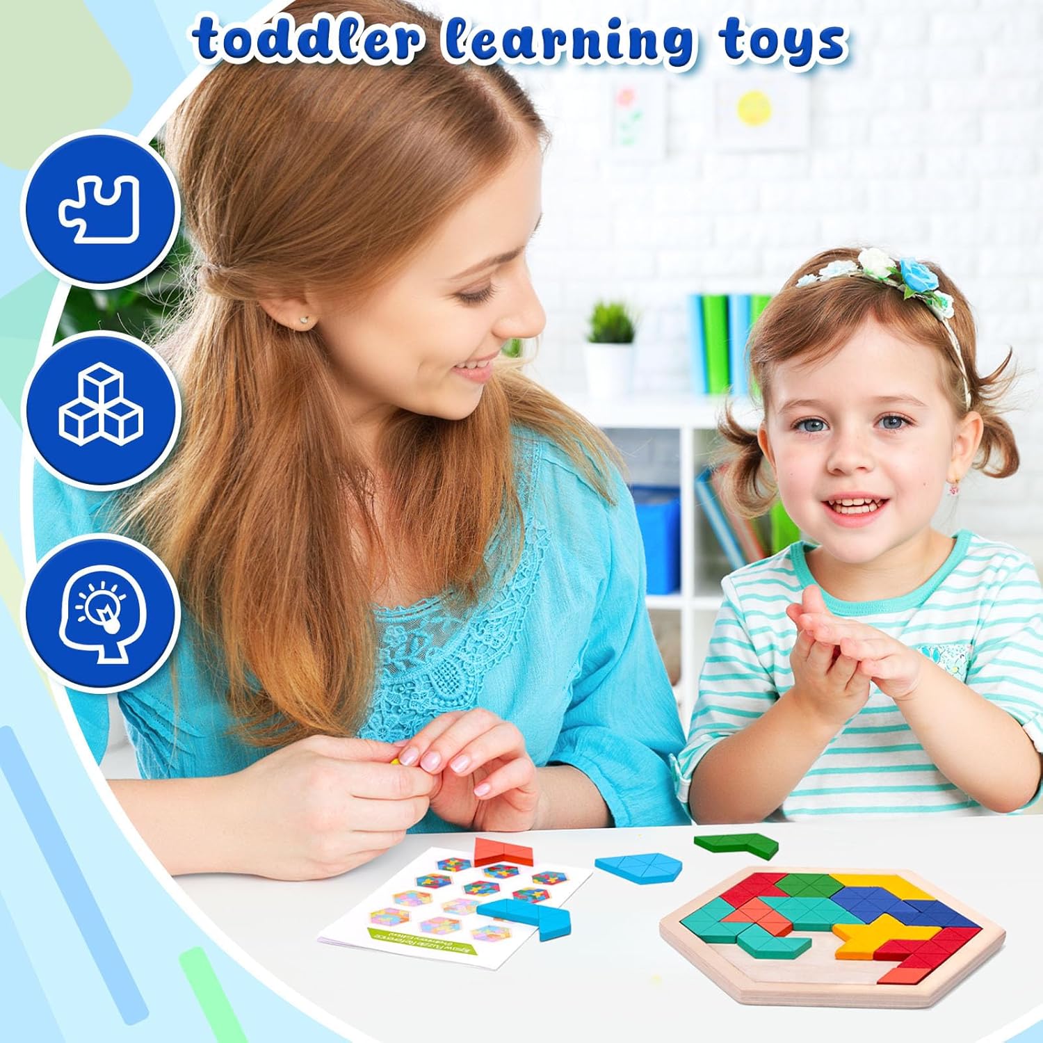 3 otters Wooden Puzzles for Kids, Educational Brain Teaser Game, Shape Sorting Board with Guide Book, Montessori Learning Toys