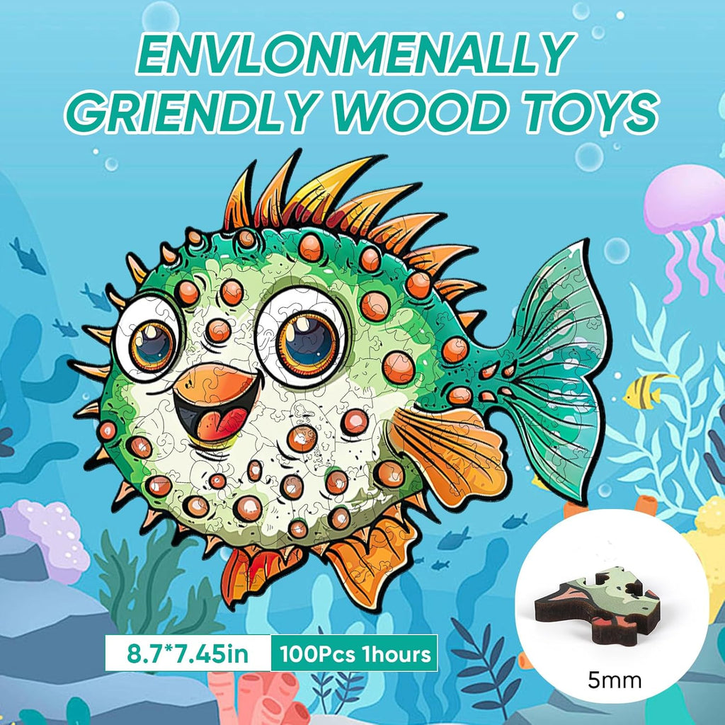 Wooden Puzzles for Kids, 100 Pieces Ocean Puzzle, Unique Fish Shaped Wooden Puzzle, Preschool Puzzle Toys, Give Your Kids/Grandchildren, Suitable for Family Games