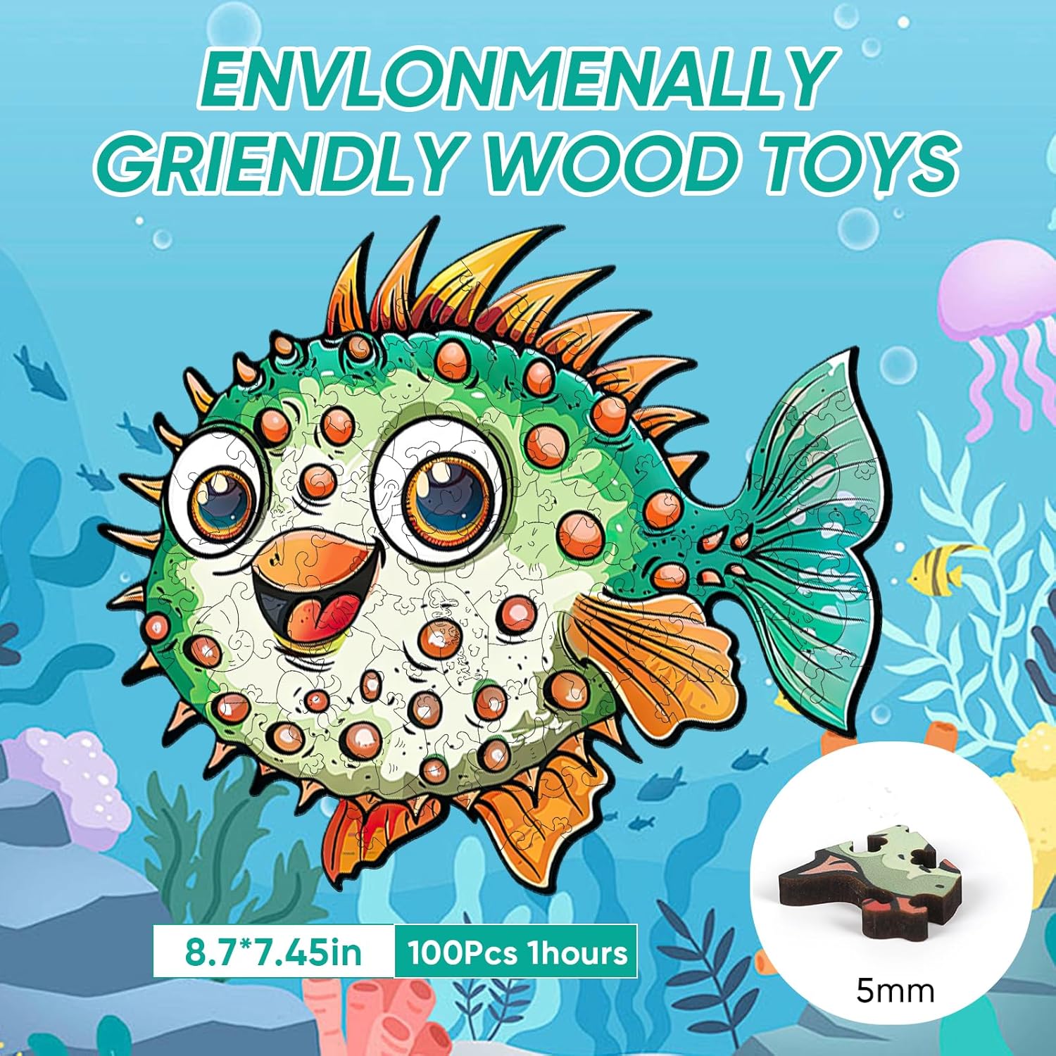 Wooden Puzzles for Kids, 100 Pieces Ocean Puzzle, Unique Fish Shaped Wooden Puzzle, Preschool Puzzle Toys, Give Your Kids/Grandchildren, Suitable for Family Games