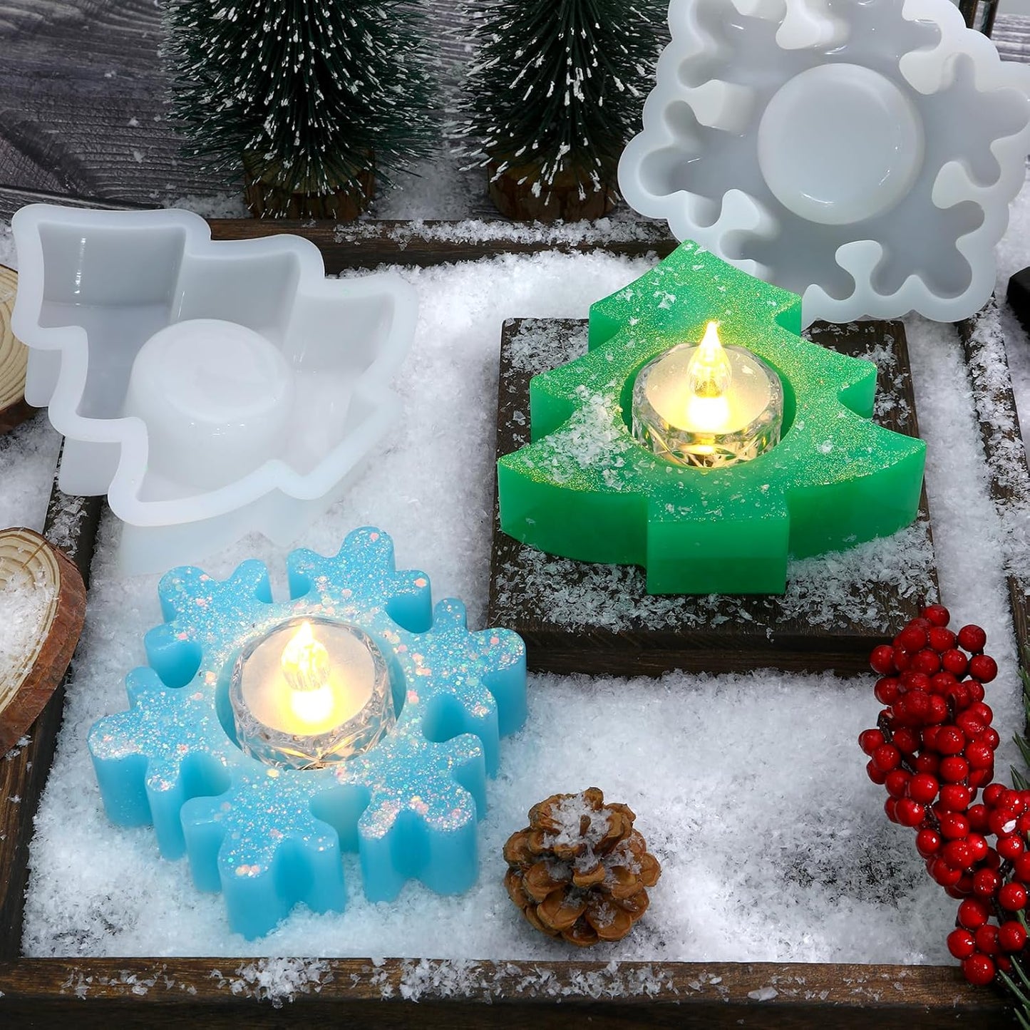 2PCS Christmas Resin Molds Christmas Tree Candle Holder Resin Molds Snowflake Silicone Resin Mold for Tea Lights Epoxy Resin Mold for Home Table Decorations Xmas Decor