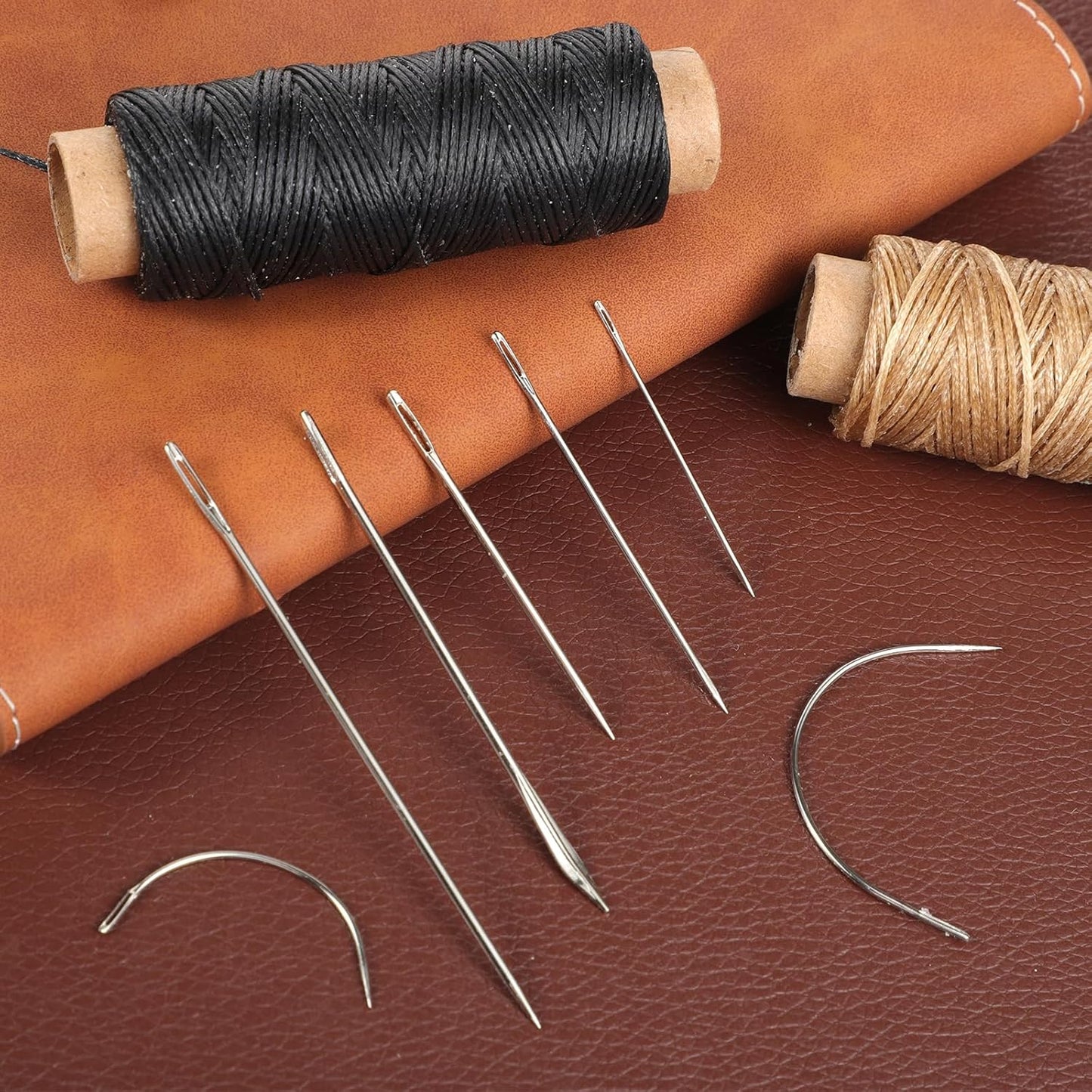 110Yards Waxed Thread with 7 Pcs Leather Needles for Hand Sewing 150D Flat Sewing Waxed Thread Leather Repair Needles for Sewing Upholstery Leather Canvas Bags Sofa Furniture（Black+Khaki）