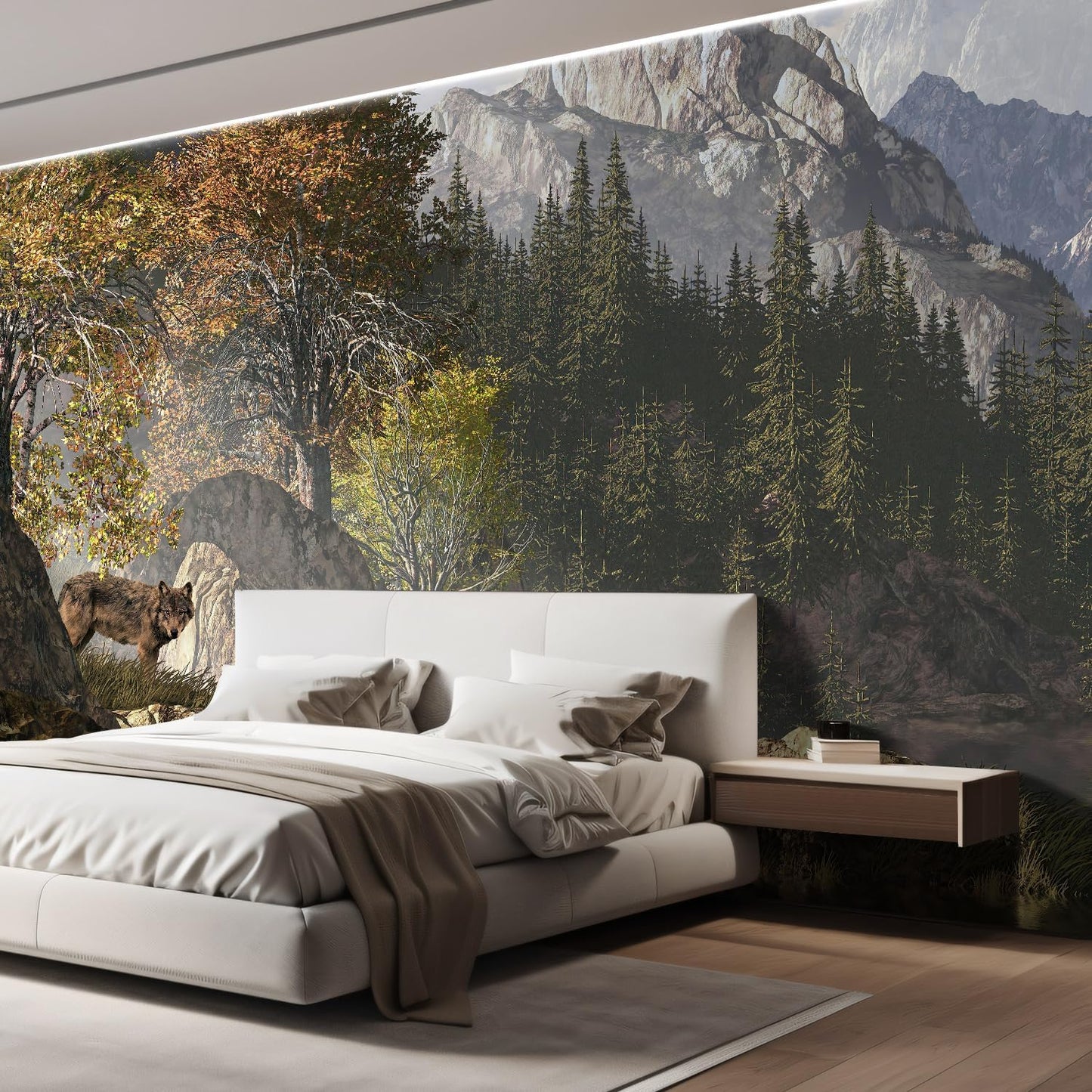 wall26 Wall Sticker/Wall Mural Wolf Near a Lake in a Rocky Mountain Landscape, Not Peel and Stick, Non-Woven Wallpaper Decorative for Bedroom, Living Room,Office - 132x120 inches