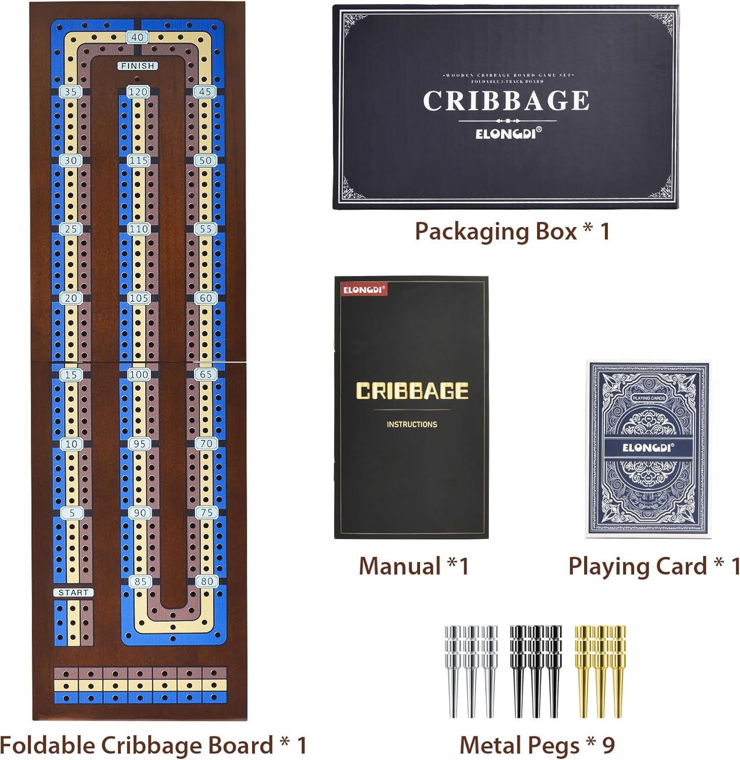 Foldable Wooden Cribbage Board Game Set, Portable Travel 3 Track Cribbage Board with Magnetic Closure,9 Metal Pegs,A Deck of Cards - Family Board Games for Kids and Adults