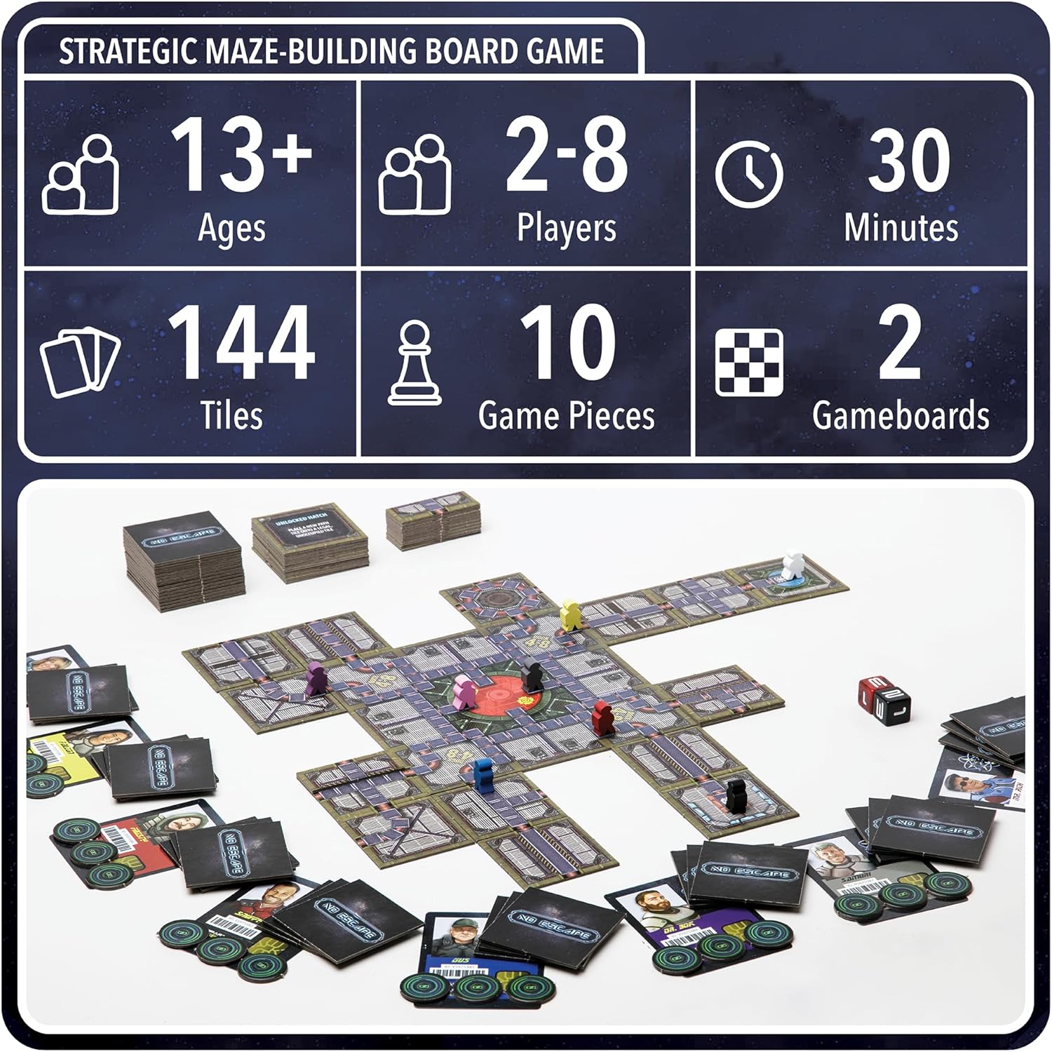 No Escape Board Game - Strategy Board Games for Adults, Family Games, Party Games. Unique Strategic Space Sabotage Traitor Maze Game with Tiles - Fun for Kids, Teenagers, Adults. 2 to 8 Players.