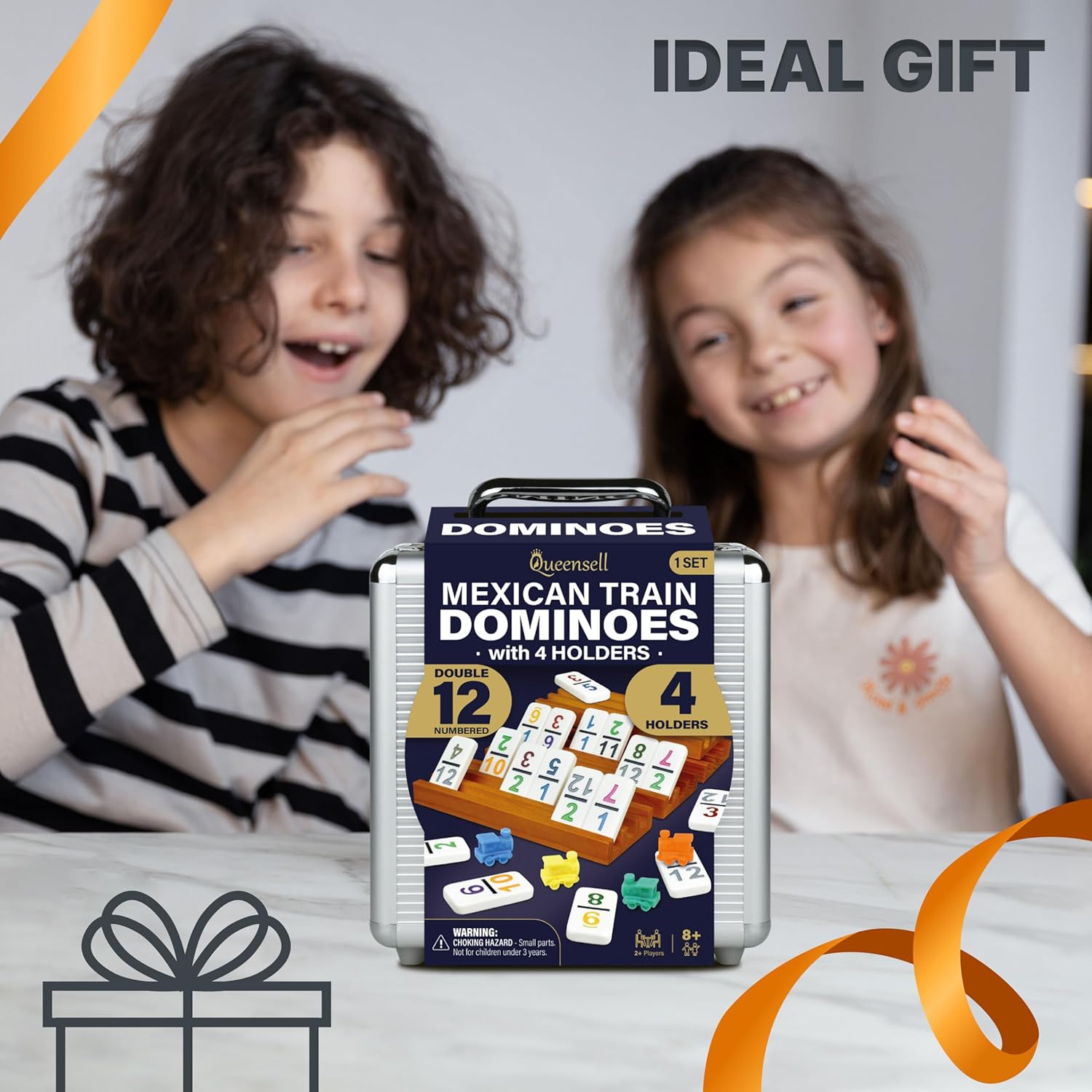 Queensell Mexican Train Dominoes Set with Numbers and 4 Holders - Wooden Hub and Domino Holders - Double 12 with Numbers (D12 Numbers + 4 Holders)