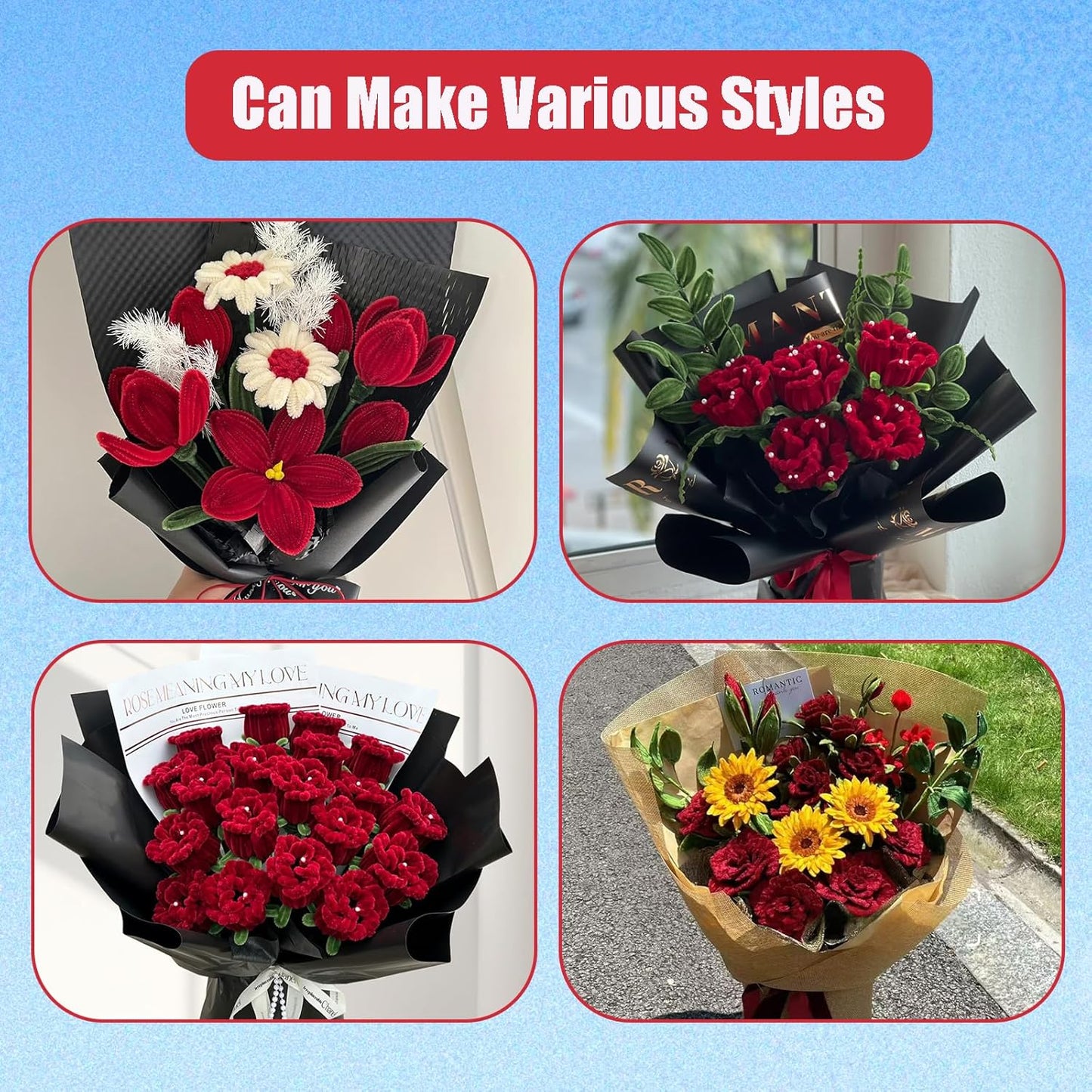 LansinLife 400 Pcs Pipe Cleaners Craft Set, 5 Assorted Red Pipe Cleaners Bulk, Chenille Stems for DIY Flower Making Kit with Floral Stems, Gardening Tape, Stamen, Ribbon for DIY Bouquet Gift (Red)