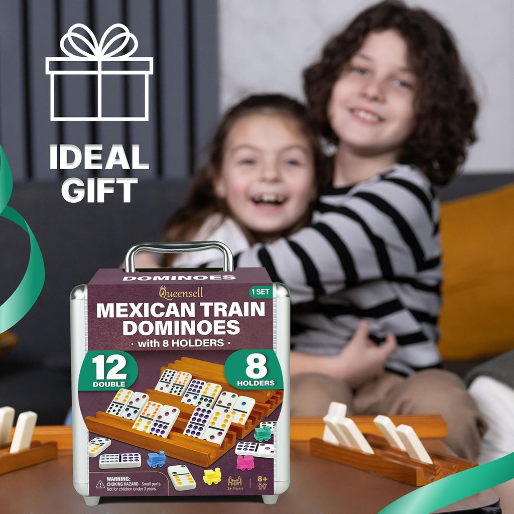 Queensell Mexican Train Dominoes Set with 8 Holders - Wooden Hub and Tiles Holders - Double 12 Tiles with Dots (D12 + 8 Holders)